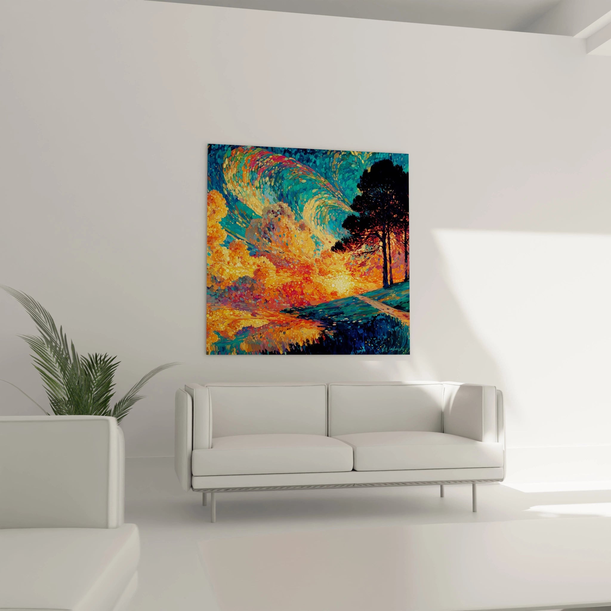 tableau pointillisme paysage Walensky montrant arbres et reflet coloré près d un étang sur fond bleu et orange