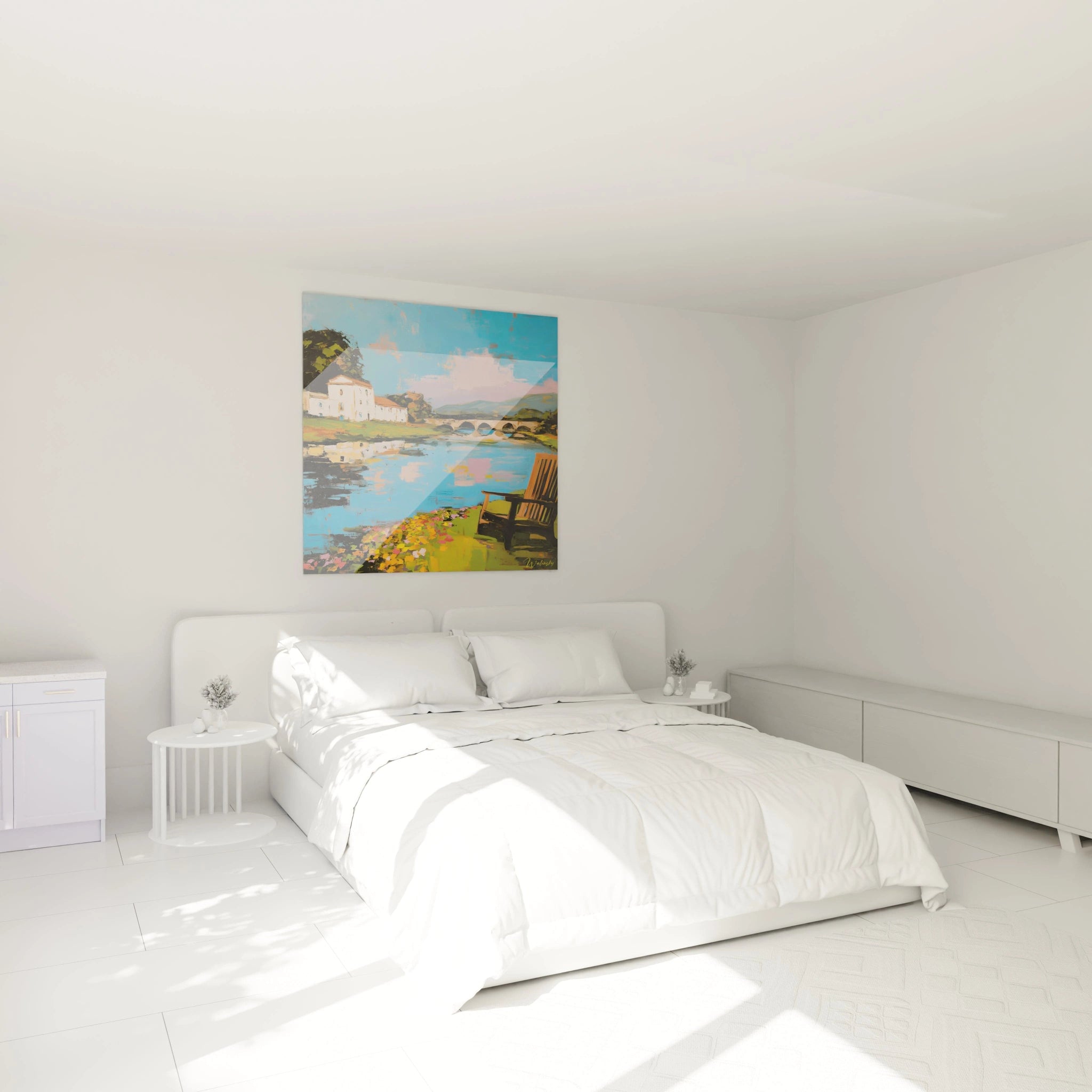 Tableau mural Walensky tableau impressionniste paysage coloré accroché au dessus de un lit blanc dans une chambre moderne
