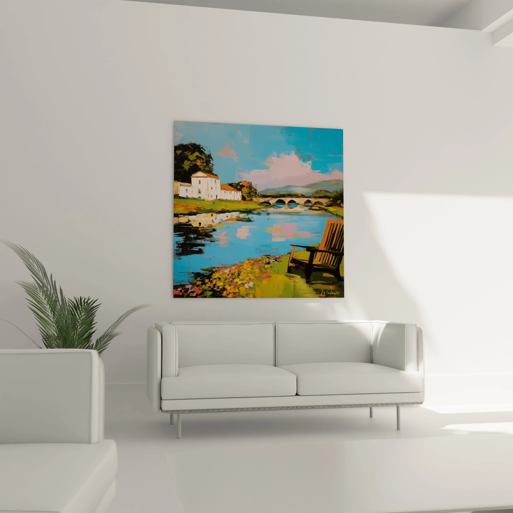 Tableau mural Walensky avec tableau impressionniste paysage de rivière, pont et chaise, décor élégant de salon