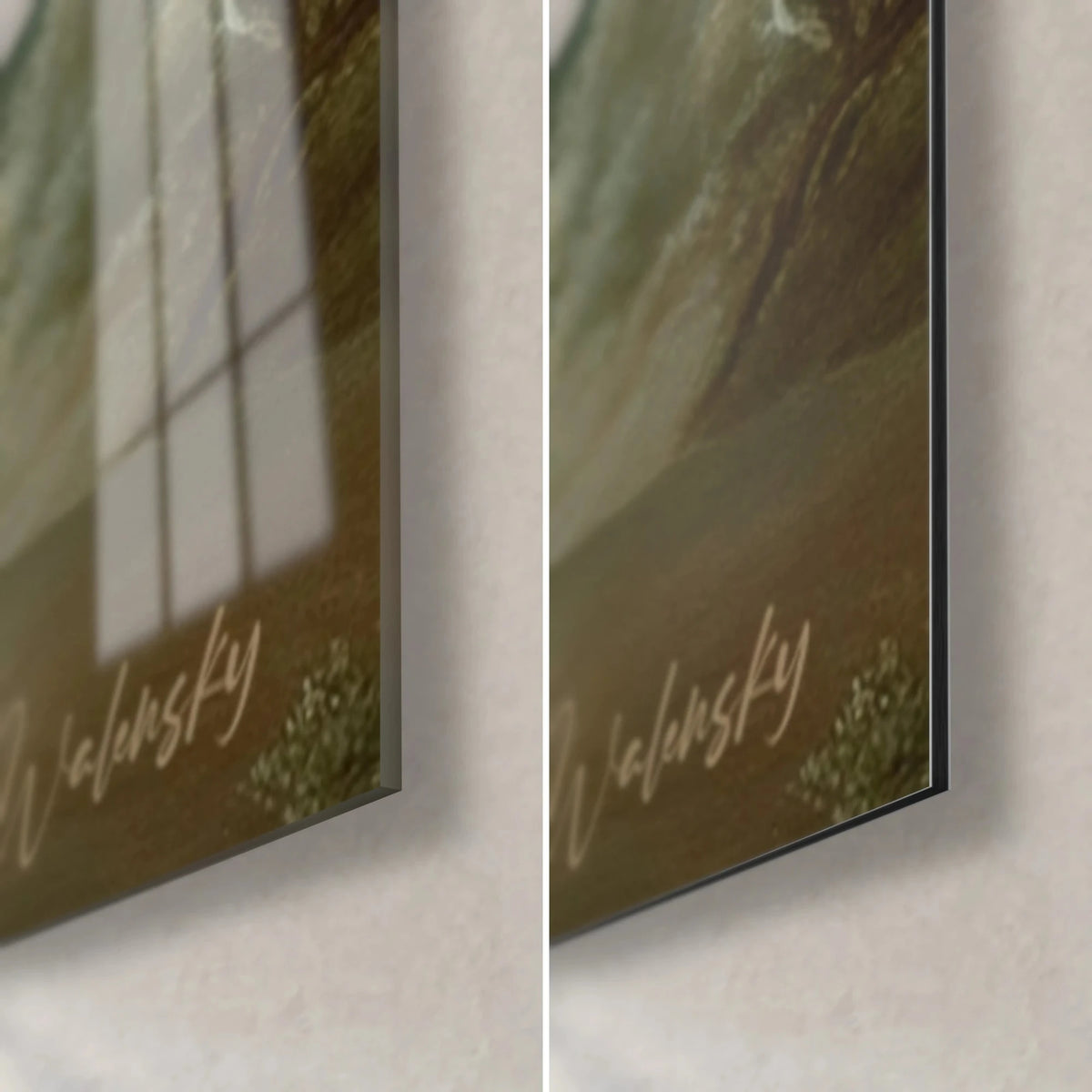 Gemälde Rokoko-Balustrade, untere rechte Ecke: goldene Walensky-Signatur, olivgrünes Laub, 3 mm Kante, glänzendes Glas und mattes Dibond