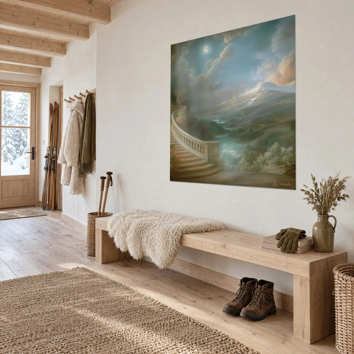 Gemälde nächtliche Rokoko-Landschaft, rosig beschneite Gipfel, türkisfarbener Fluss und geschnitzte Balustrade in einem Holzchalet in hellem Holz