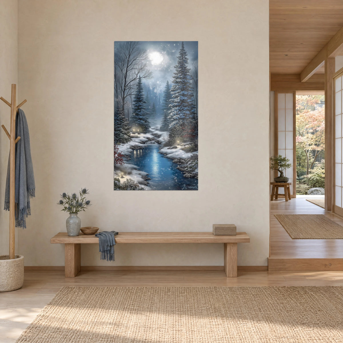 Schilderij nachtelijke rivier omzoomd met sneeuw, middernachtblauwe sparren en karmijnrood gebladerte, driekwart zicht in een japandi hal