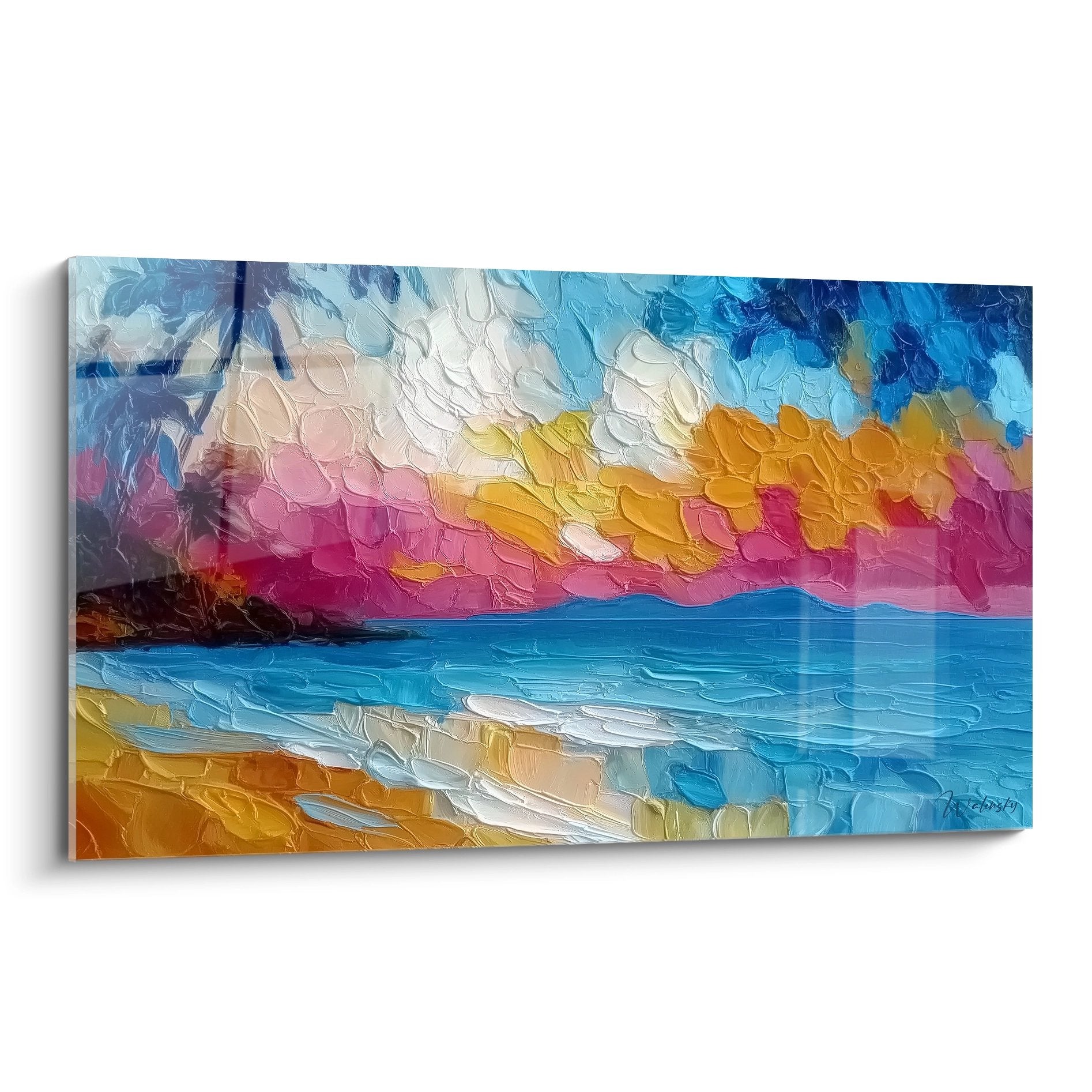 Tableau paysage marin coucher soleil couleurs vives océan turquoise rivage doré art plage contemporain
