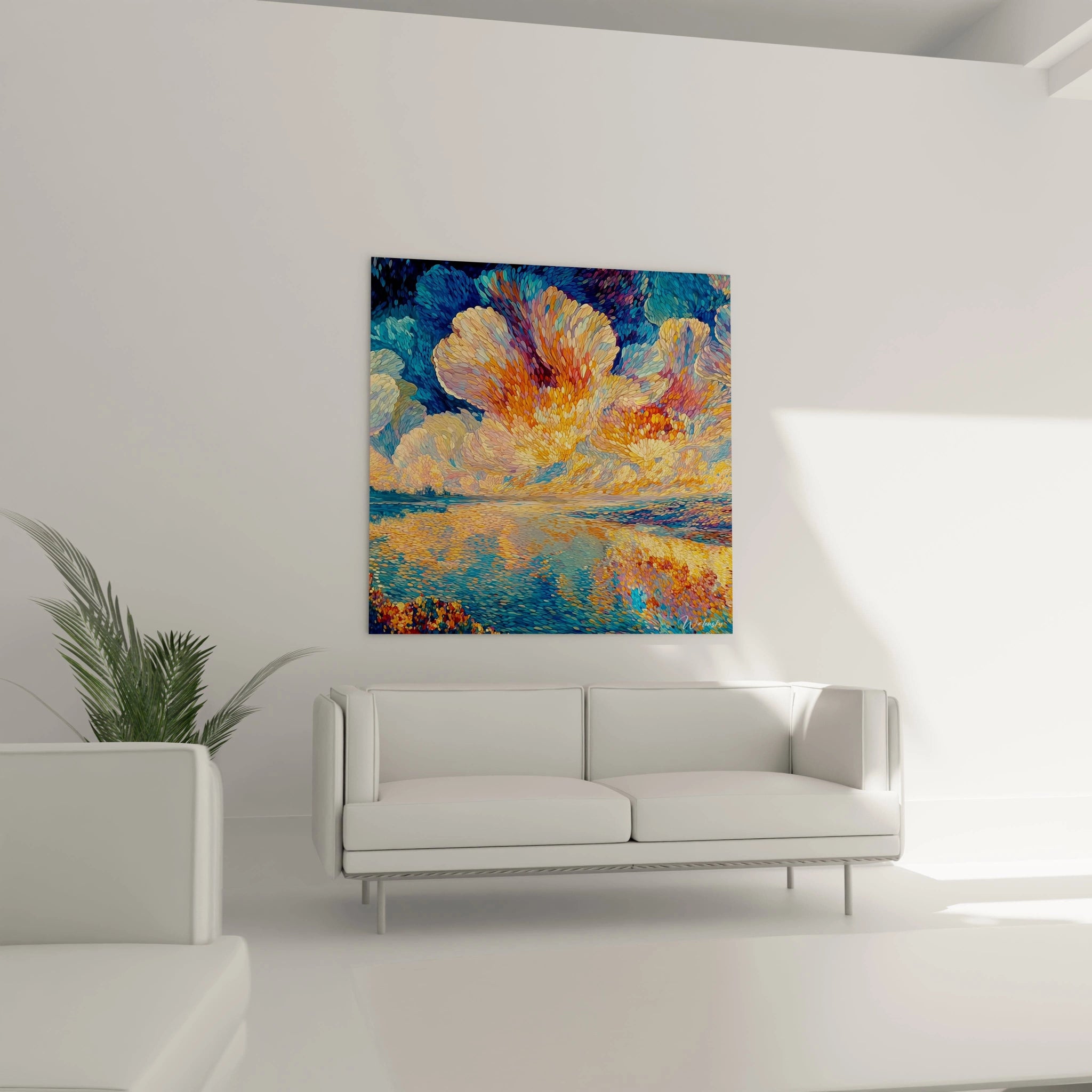 Tableau Walensky coloré accroché au dessus du canapé blanc dans un salon minimaliste tableau paysage marin impressionniste