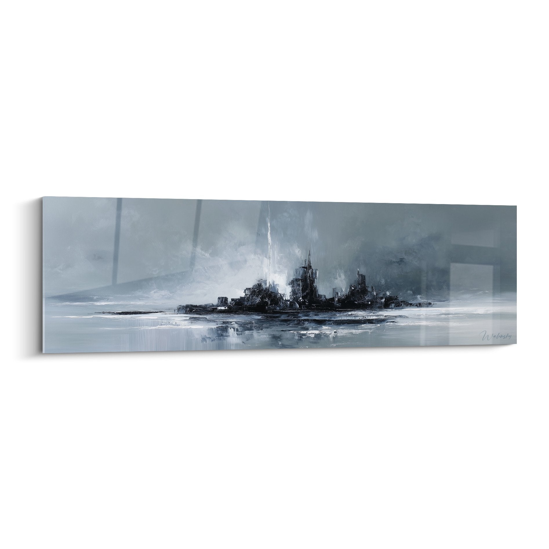 Grey and white seascape painting with misty island and silver reflections feng shui west metal