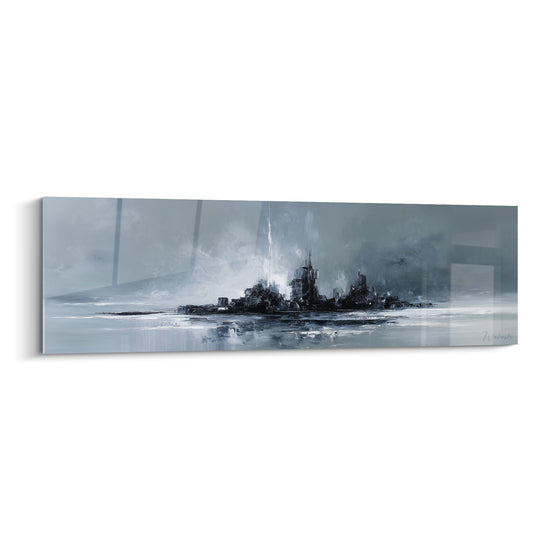 Grey and white seascape painting with misty island and silver reflections feng shui west metal