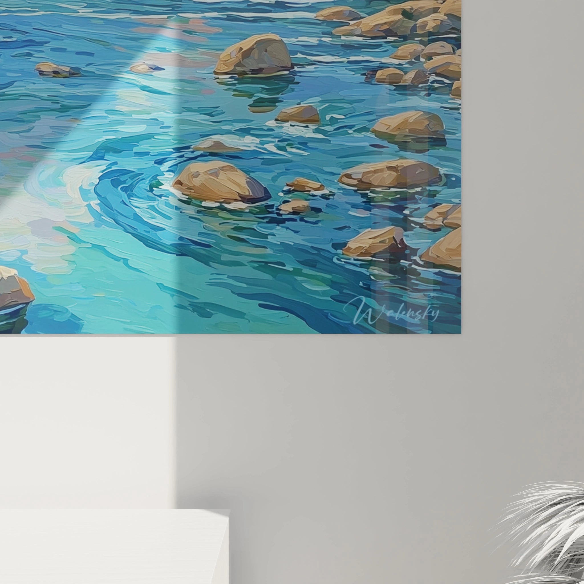 tableau paysage marin Walensky peinture murale de mer turquoise avec rochers signature visible pour decoration