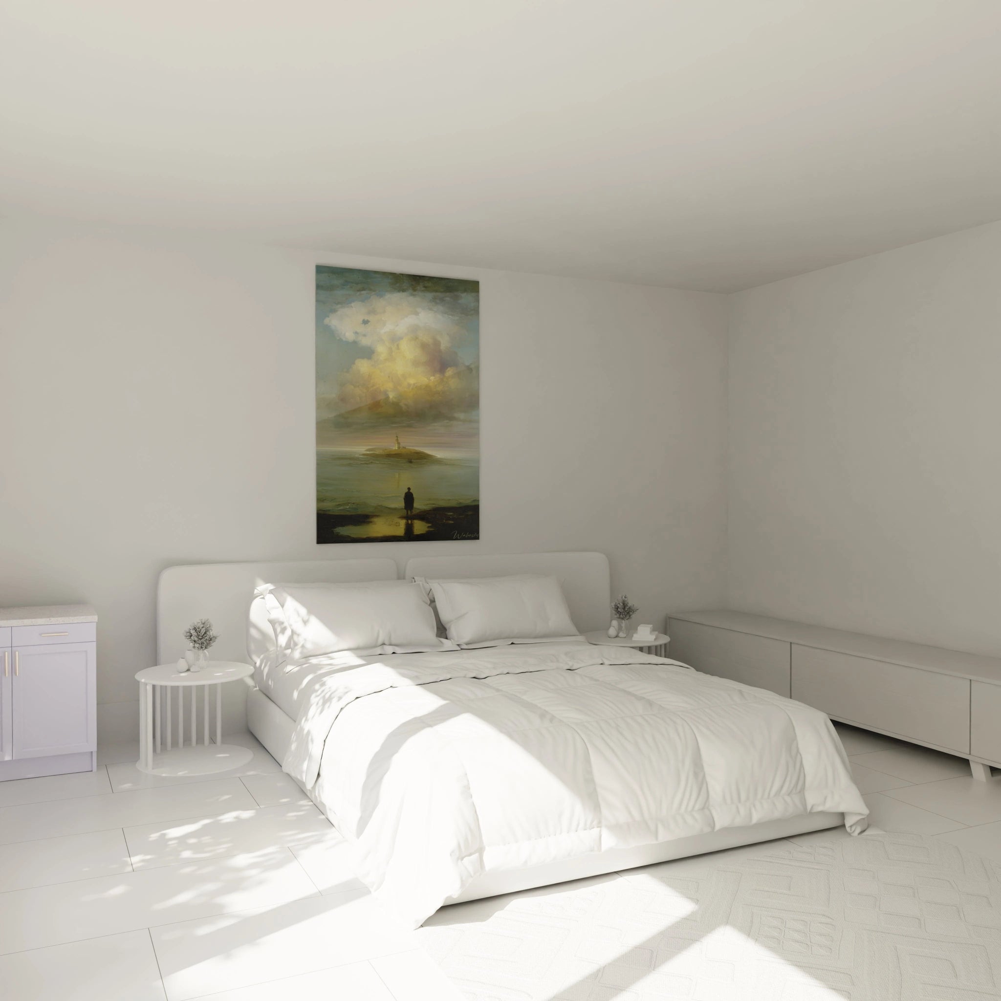 tableau paysage maritime romantique Walensky accroche au mur au dessus d un lit blanc dans une chambre minimaliste