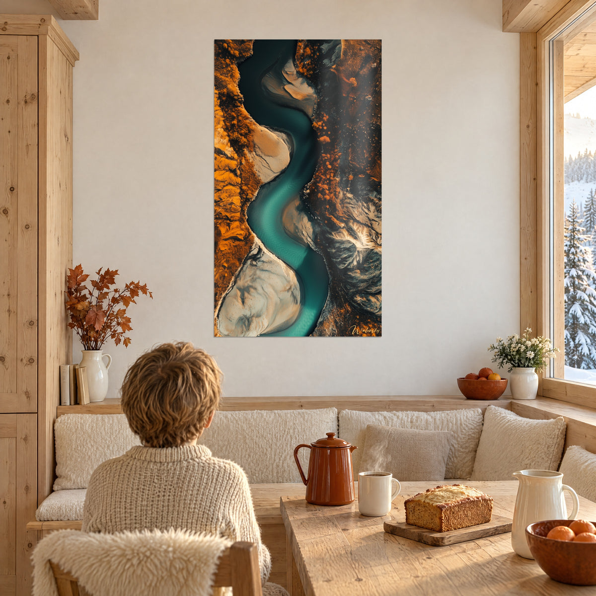 Schilderij van een alpine vallei in dronefotografie, petrolkleurig water en beige zand, aan de muur van een chalet-eetkamer