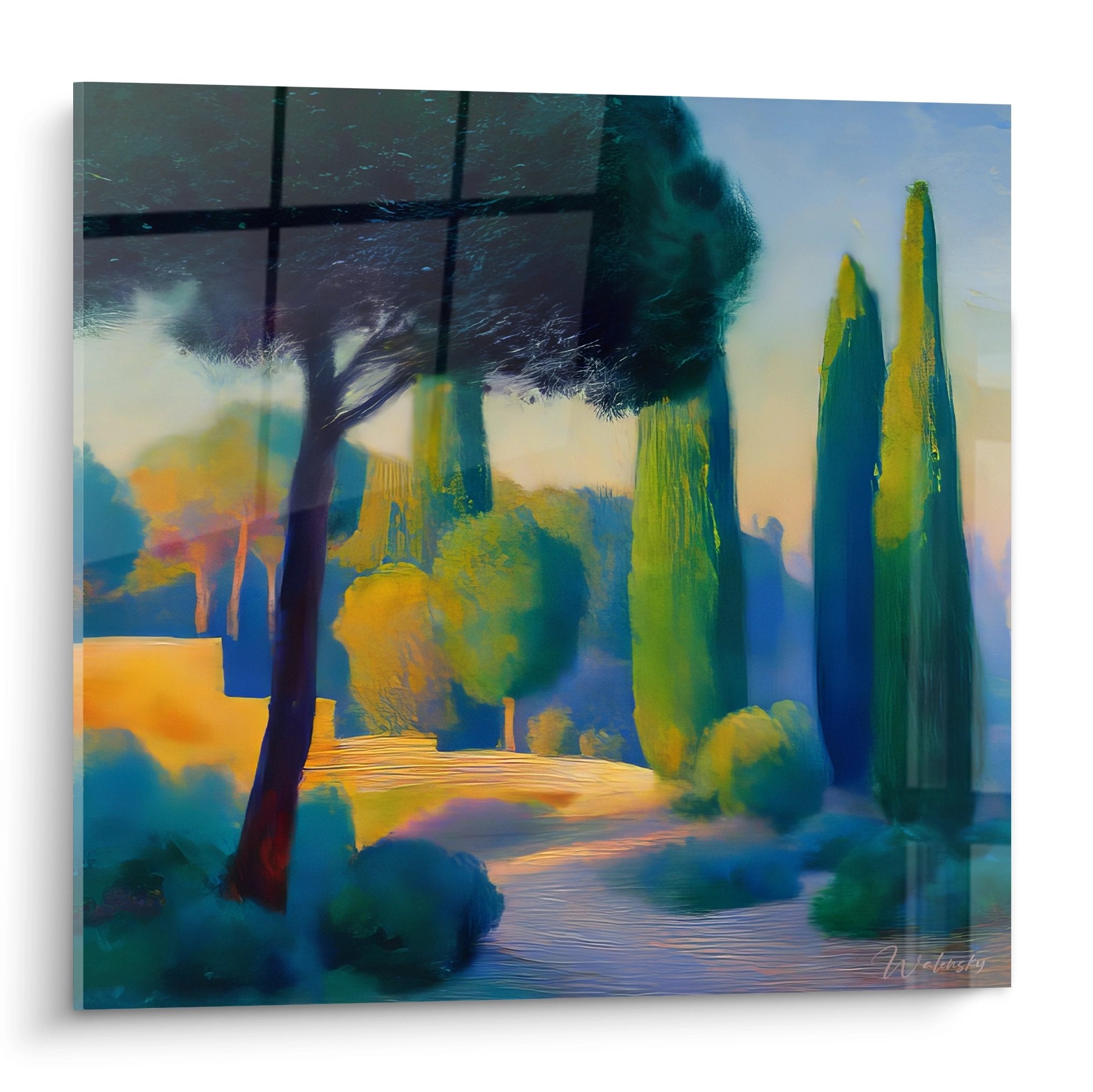 Tableau mural paysage méditerranéen abstrait avec cyprès et architecture moderne tons bleus dorés