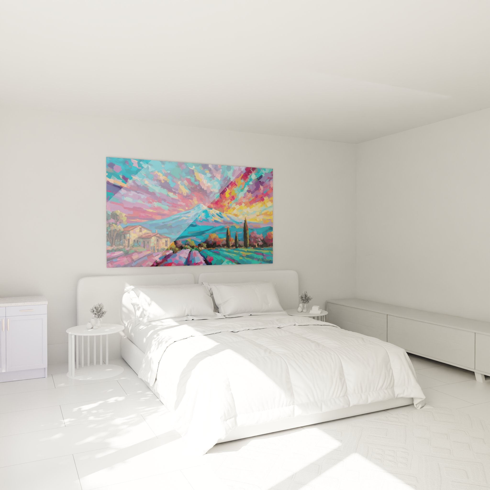 Tableau paysage méditerranéen installé dans chambre moderne, décoration murale colorée avec village et montagne