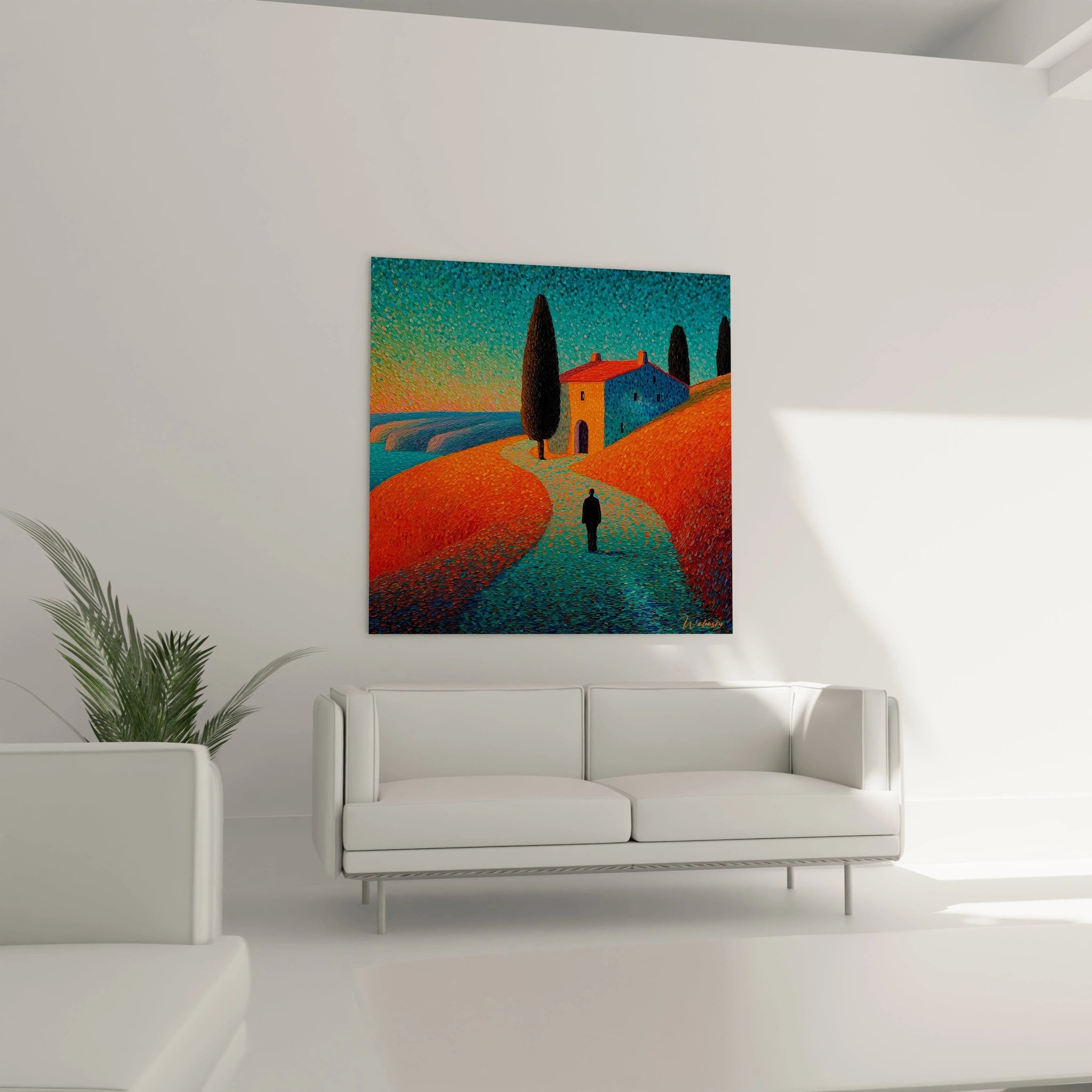 Walensky tableau pointillisme paysage méditerranéen mural coloré avec maison et cyprès sur colline et silhouette dans salon