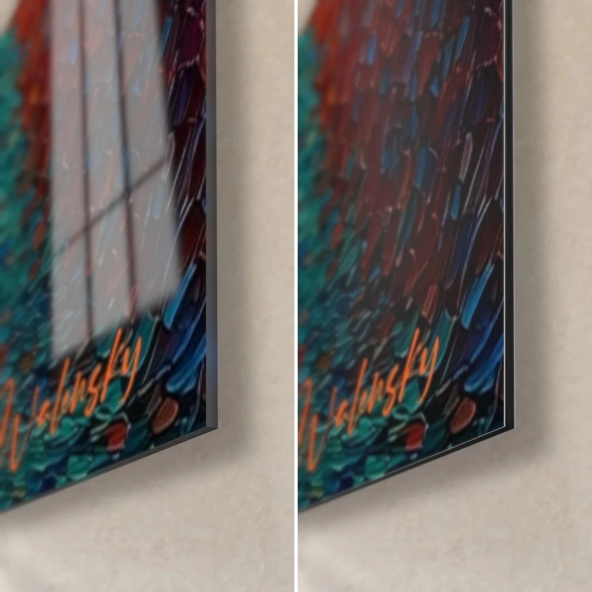 Tableau promeneur solitaire sur sentier turquoise, coin bas droit : touches orange et bleues en relief, verre brillant à gauche, Dibond mat à droite
