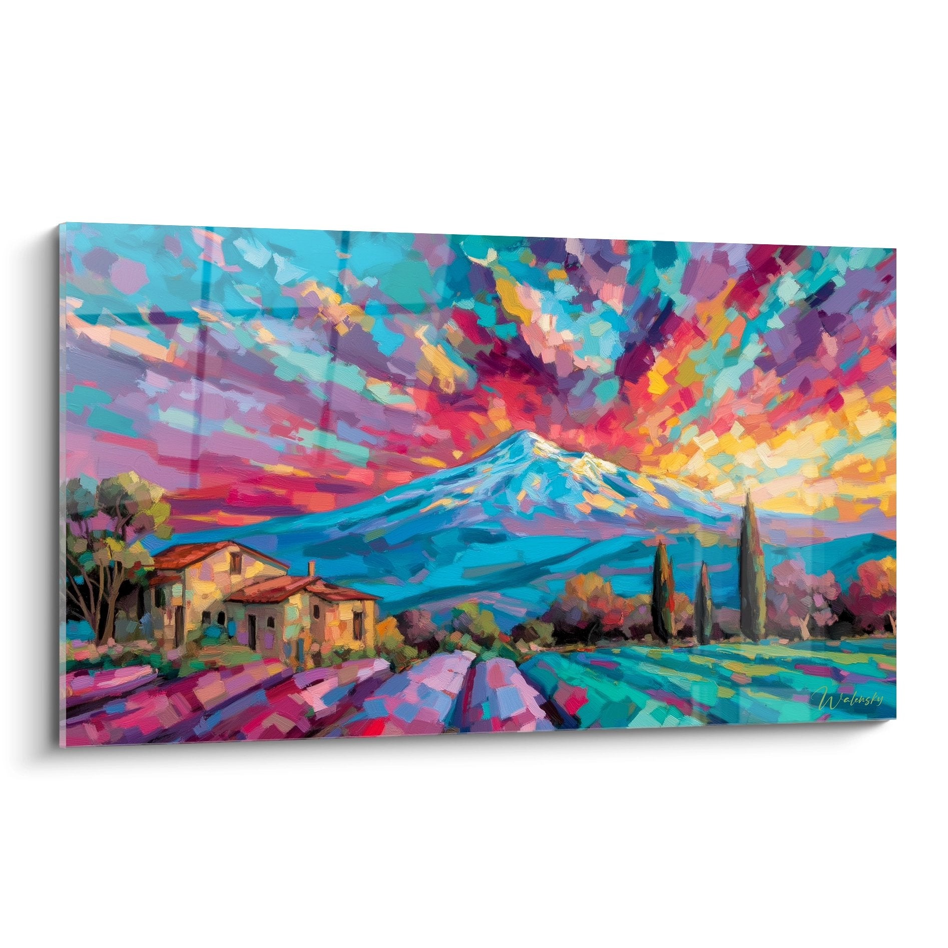 Tableau paysage méditerranéen coloré avec village provençal et montagne enneigée, art mural moderne aux couleurs vibrantes