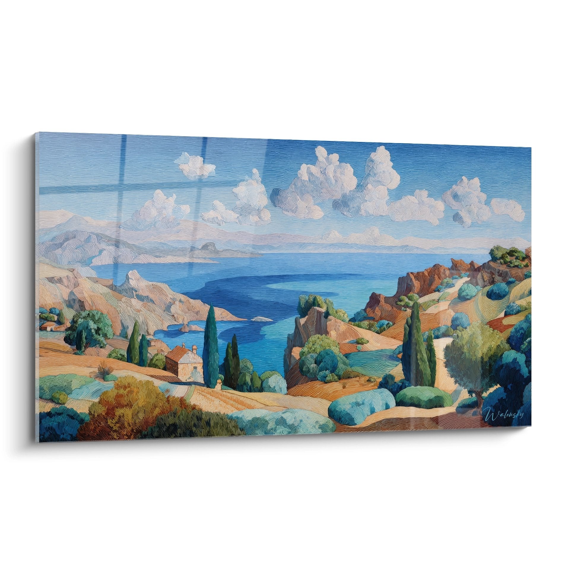 Tableau mural paysage méditerranéen avec côte rocheuse, cyprès et maisons ocre, mer bleue et ciel nuageux