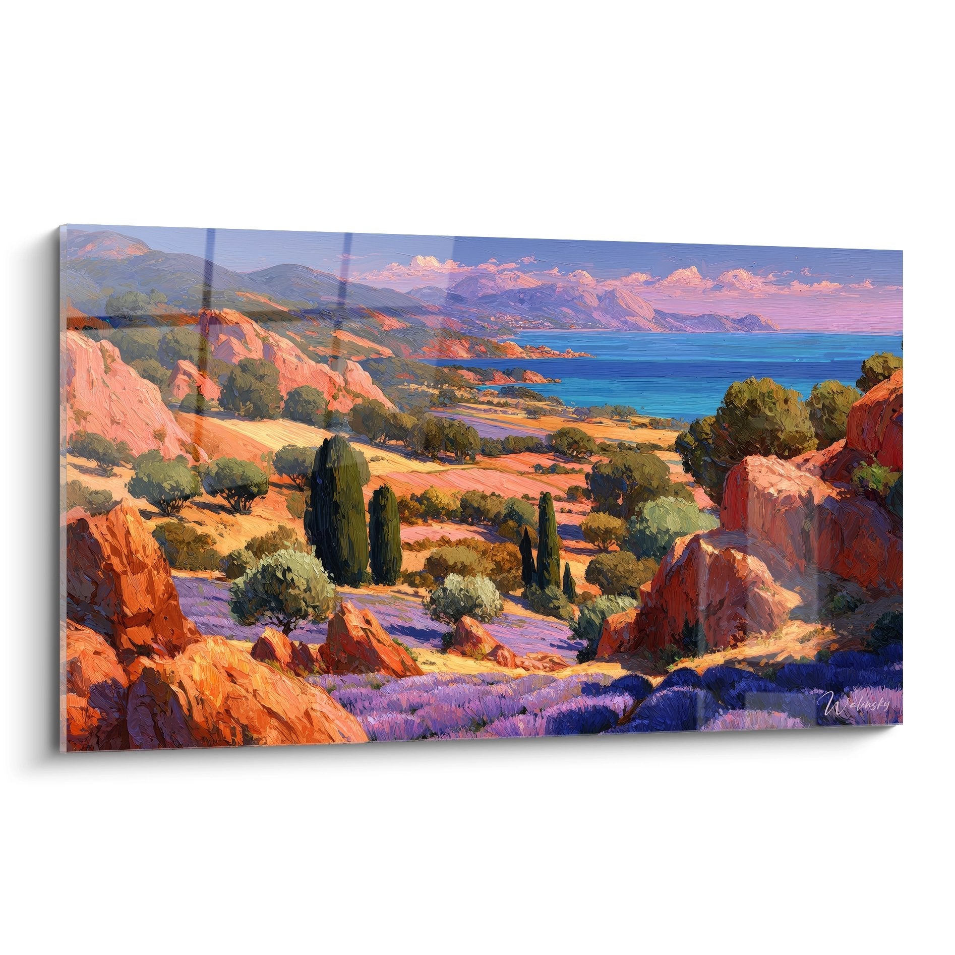 Tableau paysage méditerranéen côte provençale roches roses mer turquoise décoration bord de mer