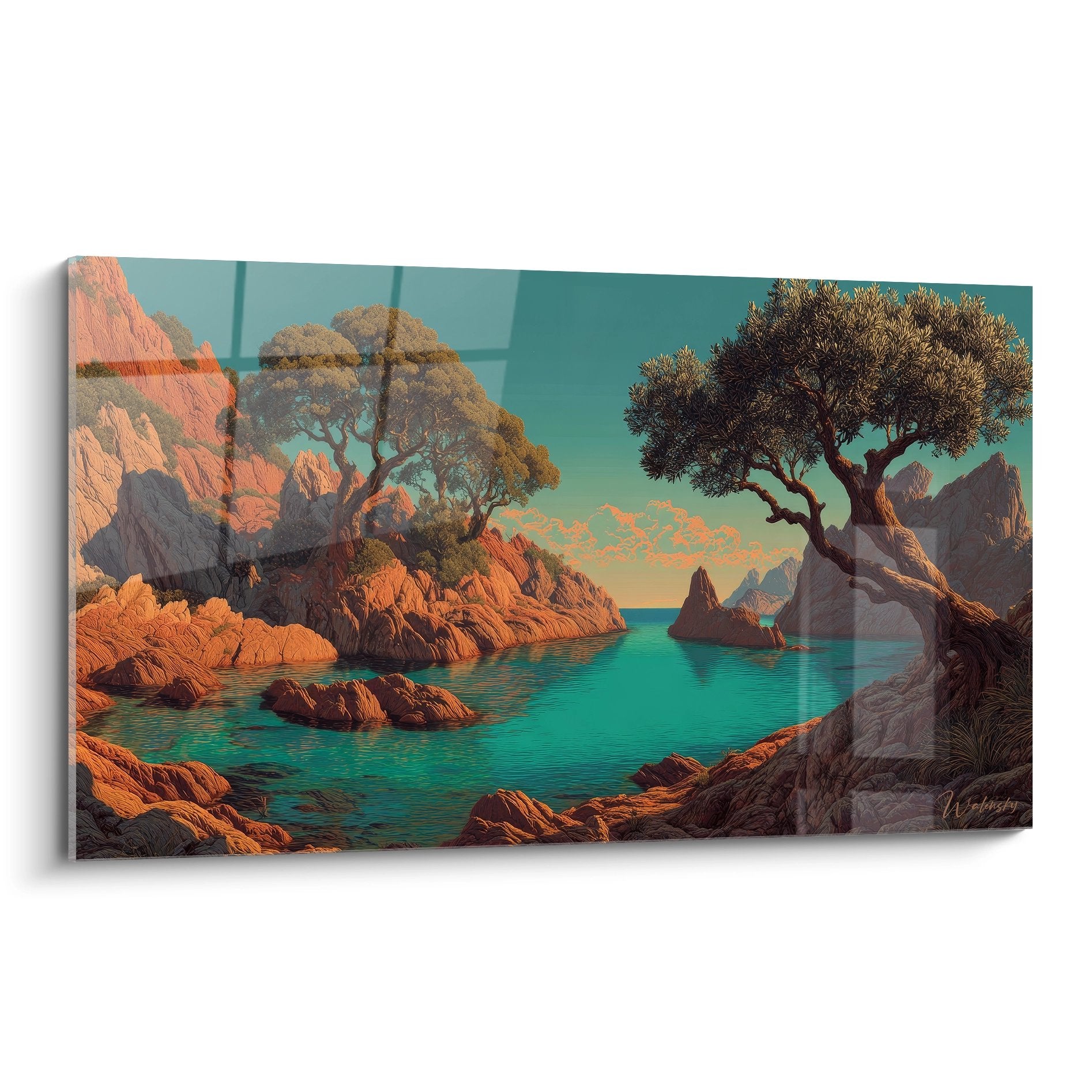 Tableau paysage méditerranéen crique turquoise olivier falaises décoration murale bord de mer