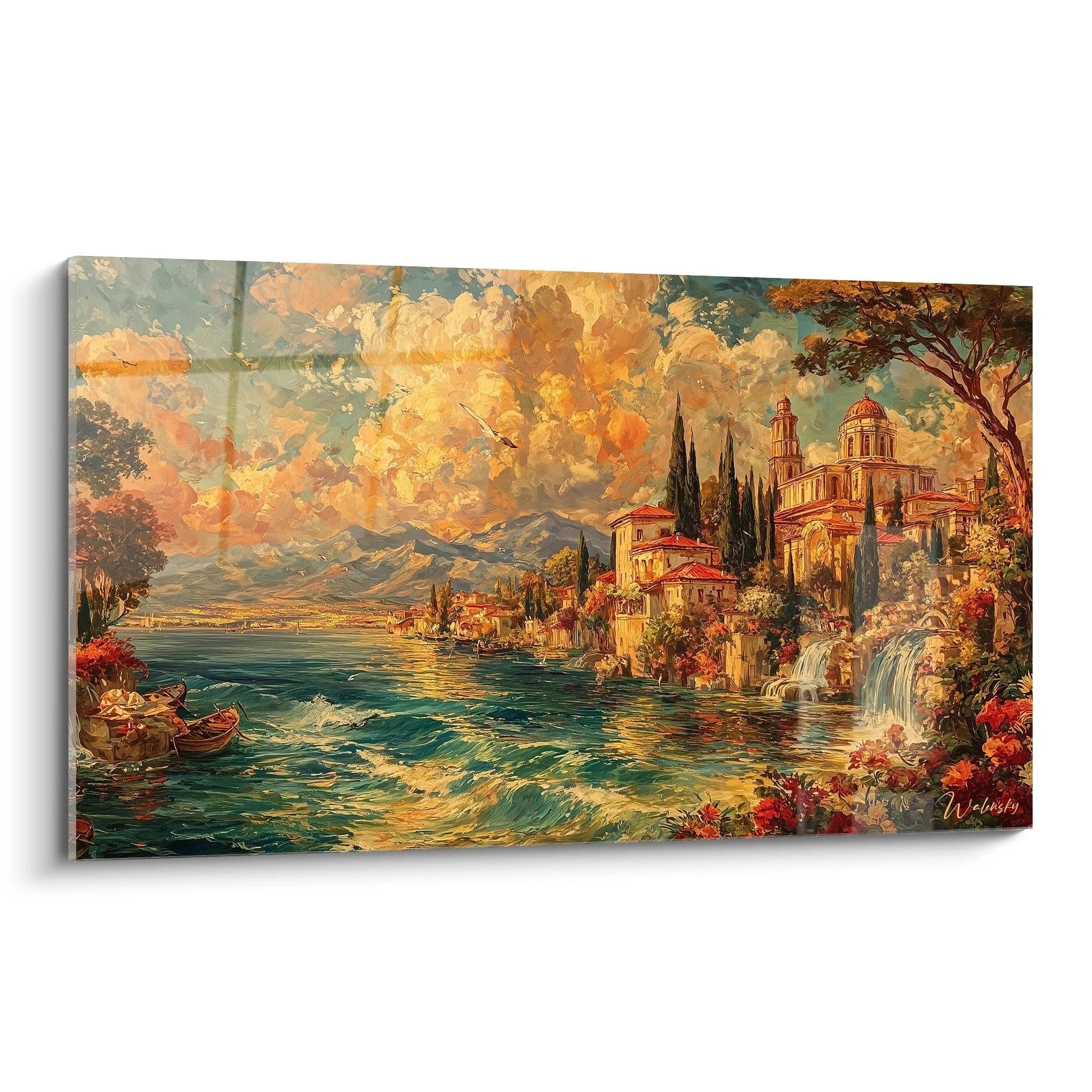 Walensky tableau mural tableau paysage méditerranéen montrant une côte ensoleillée avec villas en pierre cyprès cascade et barque