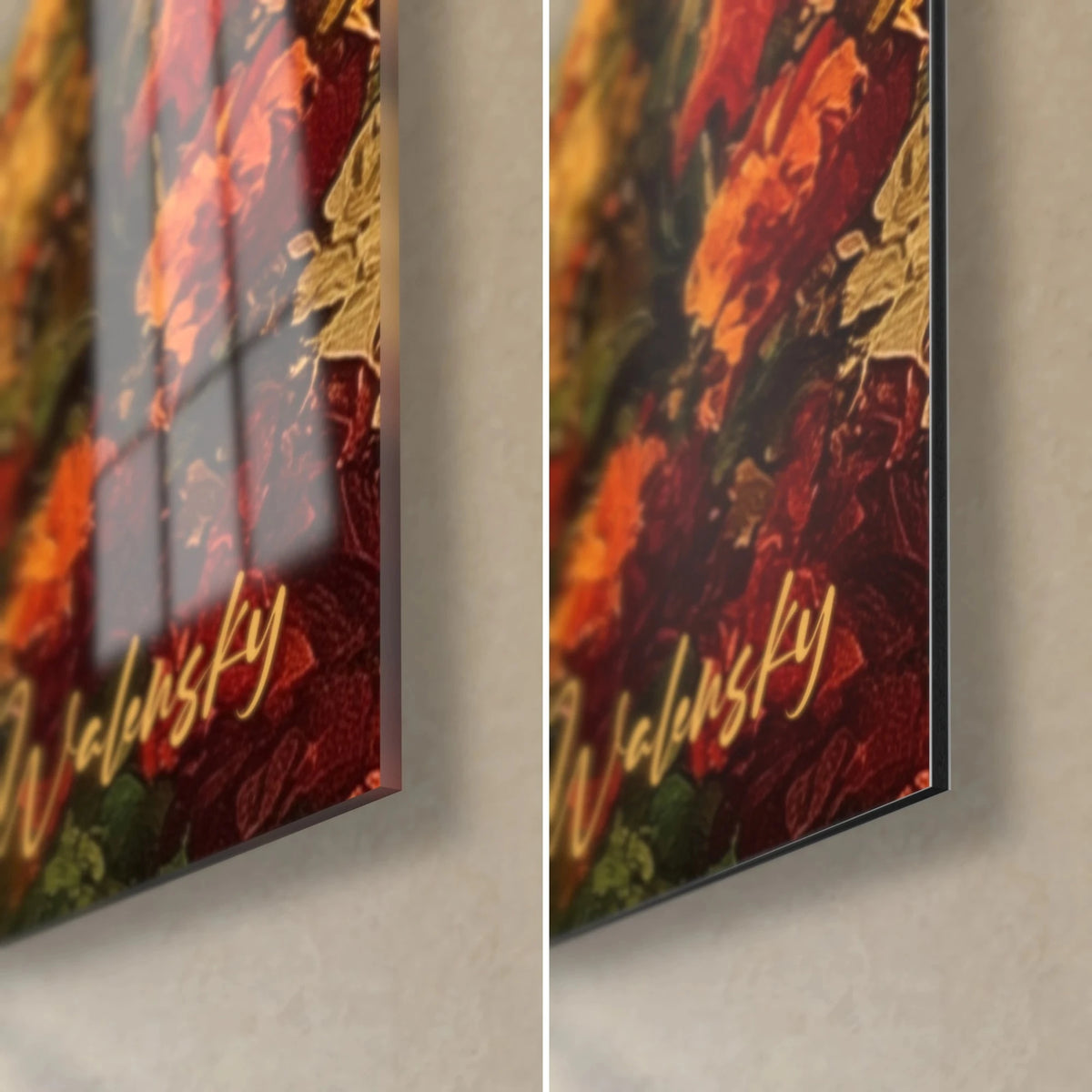 Gemälde Wasserfall und rote Blumen, untere rechte Ecke: glänzendes Acrylglas links, matt gebürstetes Dibond rechts, 3 mm Stärke