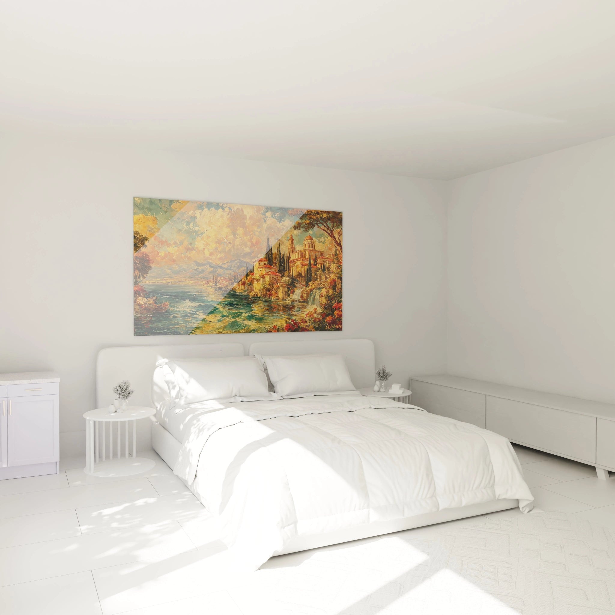 Tableau mural Walensky tableau paysage méditerranéen accroché au dessus d un lit blanc minimaliste et lumineux