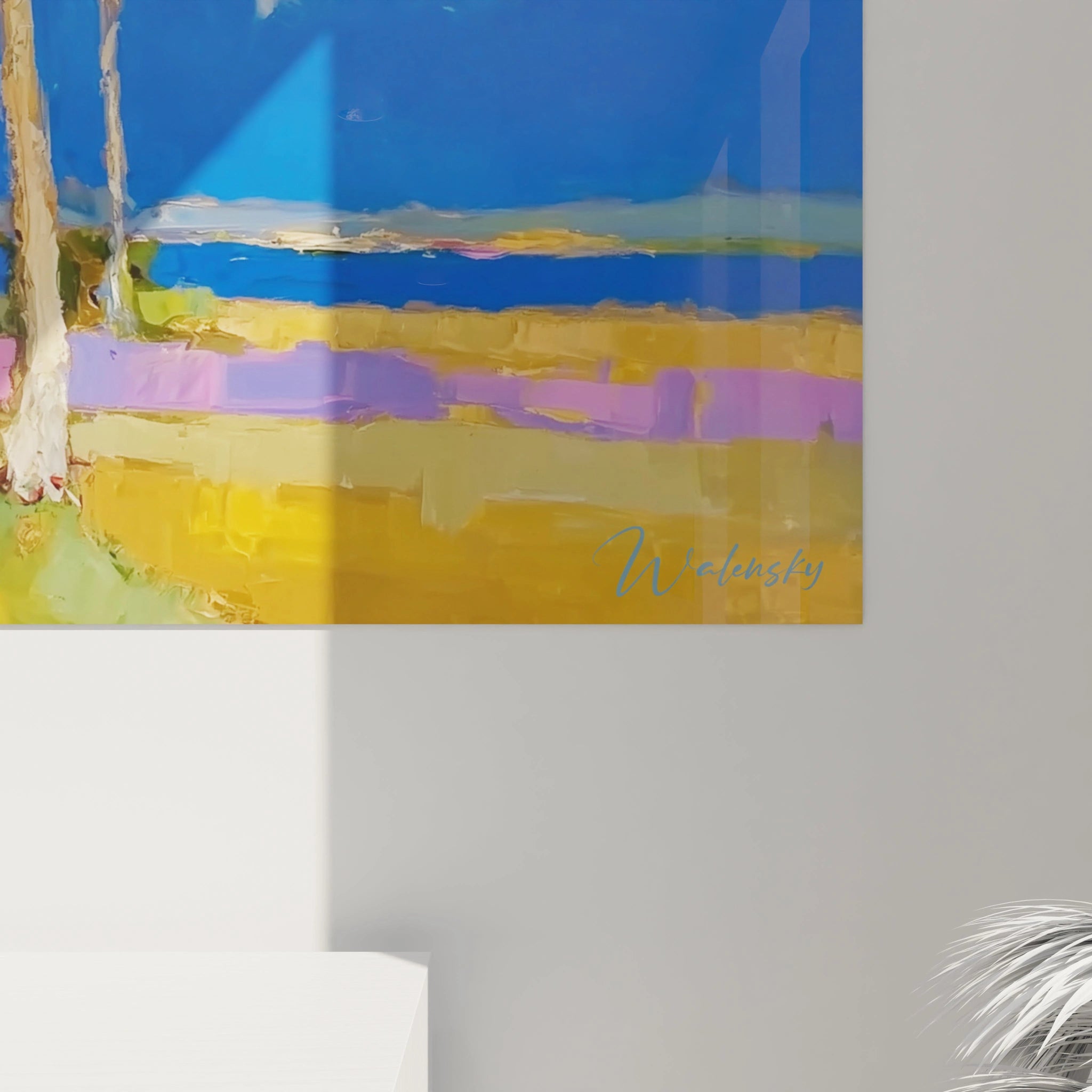 Tableau mural signé Walensky tableau paysage méditerranéen abstrait couleurs vives bleu et jaune pour salon