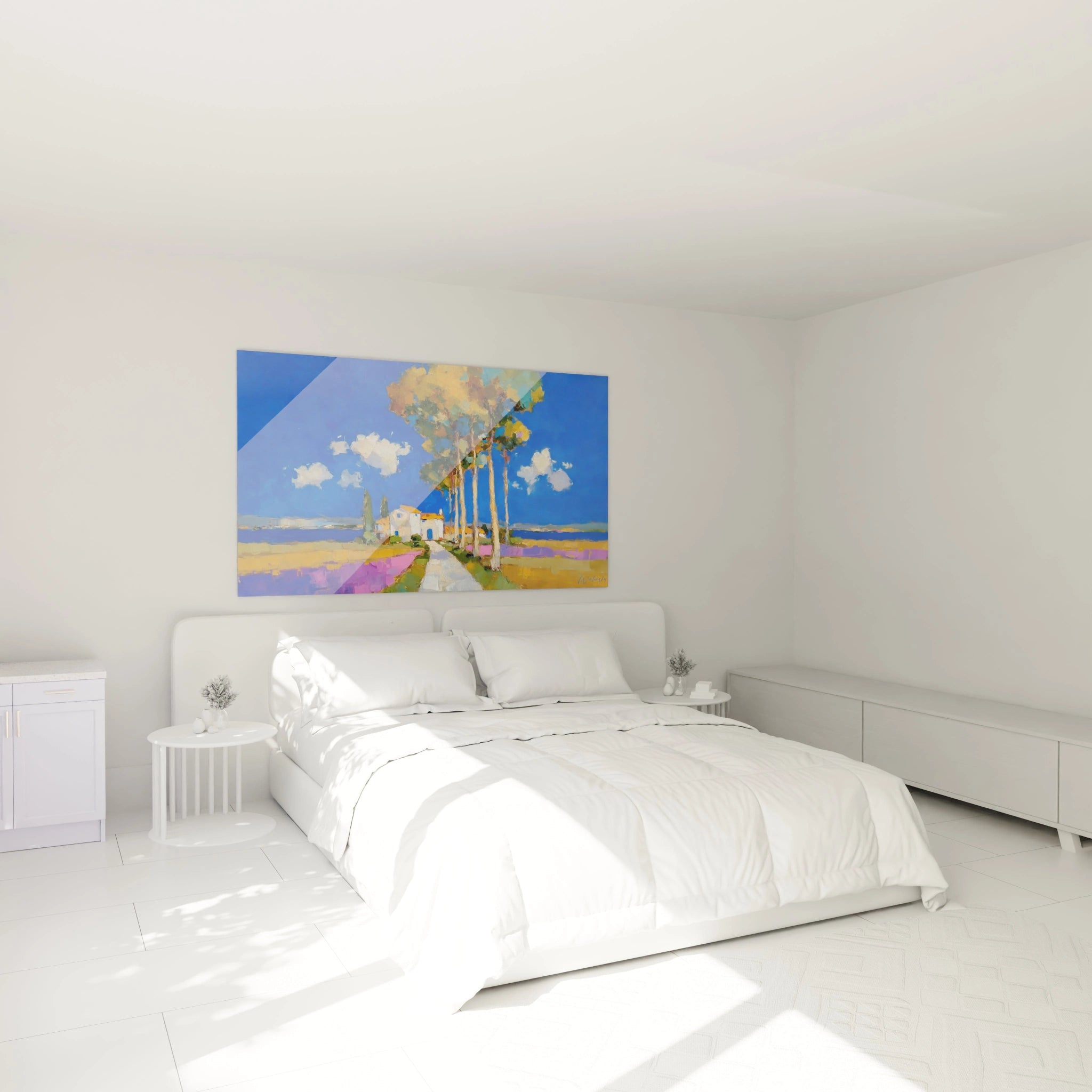 Walensky tableau paysage méditerranéen coloré au dessus d un lit double dans une chambre blanche minimaliste