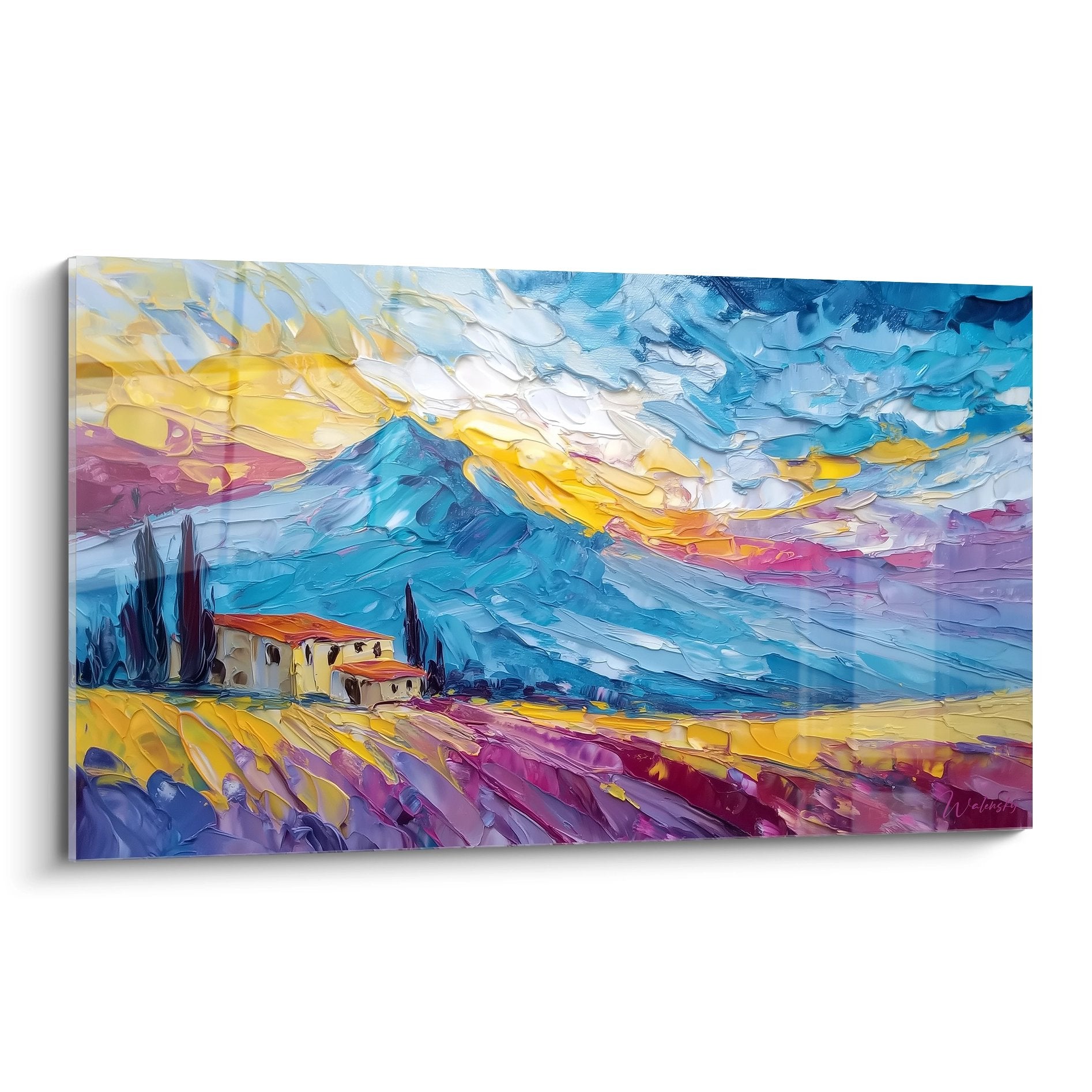 Tableau mural paysage méditerranéen avec maison provençale sous ciel orageux aux couleurs vives bleu jaune violet