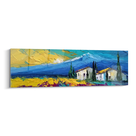 Wandbild Mittelmeerlandschaft weiße Häuser Zypressen vulkanischer Himmel impressionistischer Stil