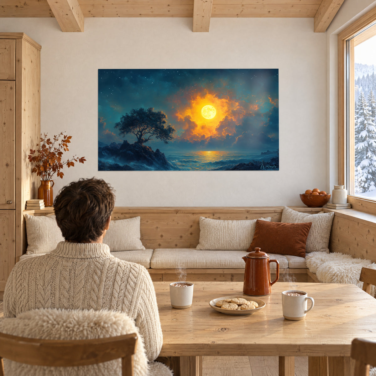 Tableau mer turquoise nocturne striée d'un sillage doré sous une lune éclatante, murs blancs d'un chalet enneigé