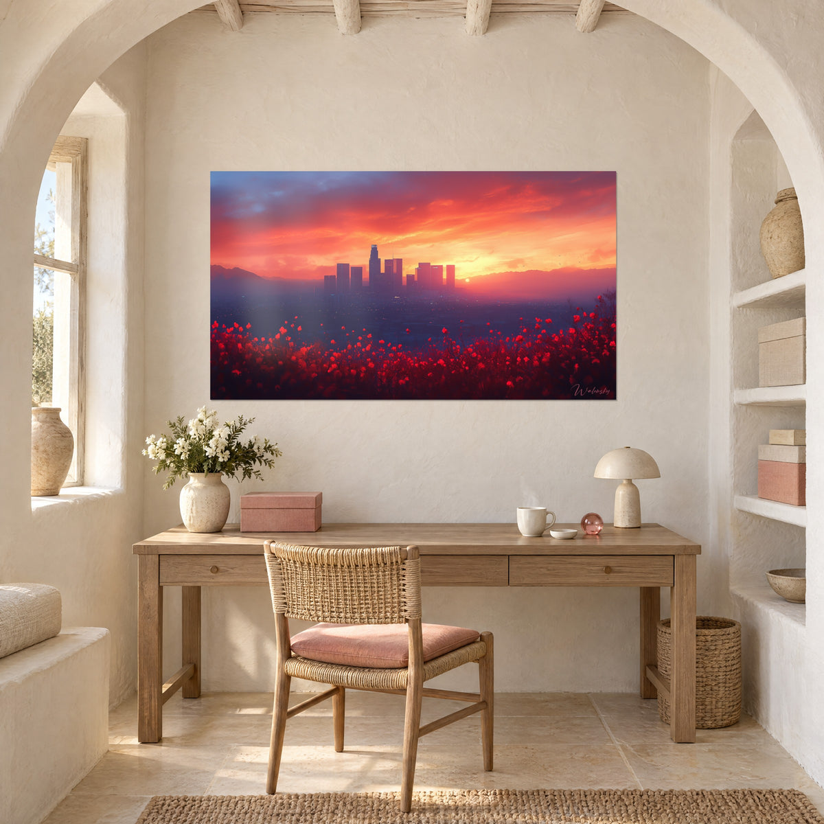 Gemälde Großstadtlandschaft in der Dämmerung, feuerrote und violette Wolken, Wiese aus karminroten Blumen, an der Wand eines Büros aus hellem Holz