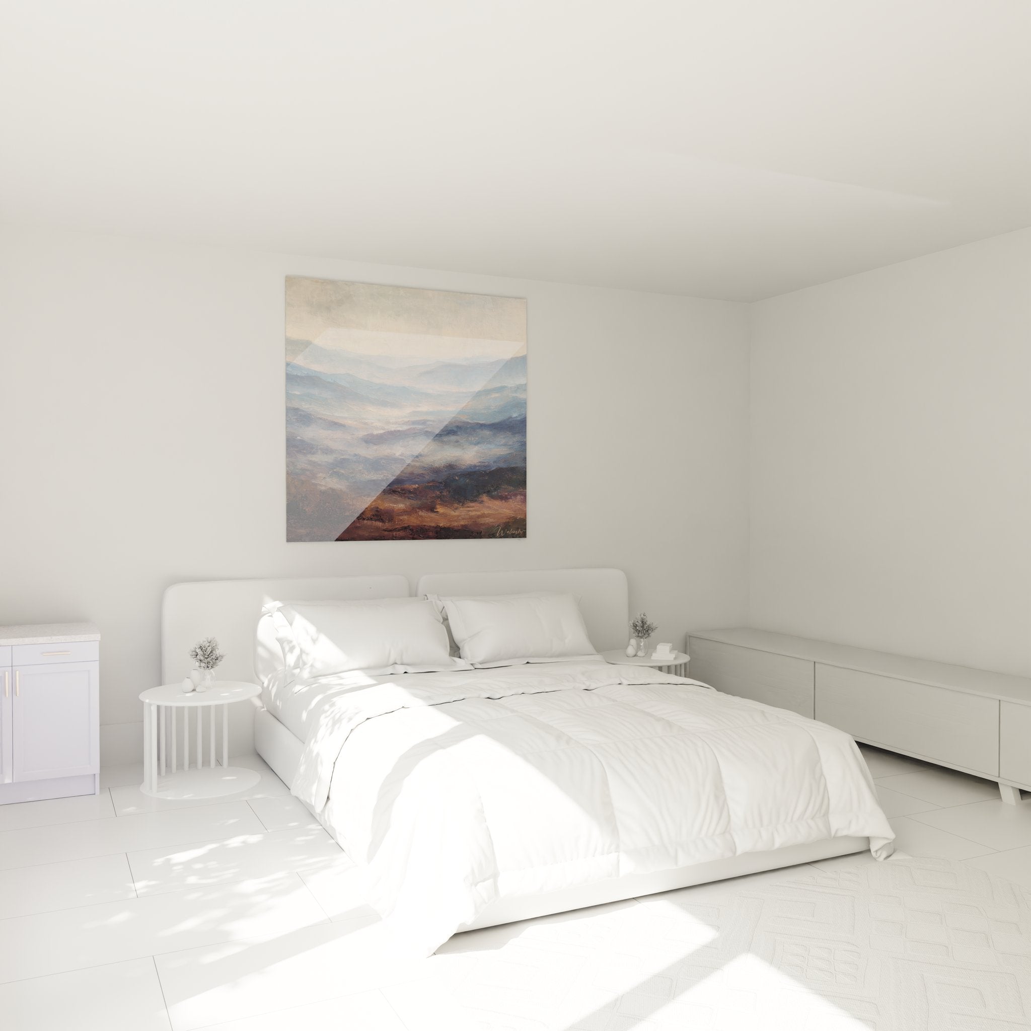 Tableau paysage vallée montagneuse dans chambre moderne, décoration murale nature brumes matinales