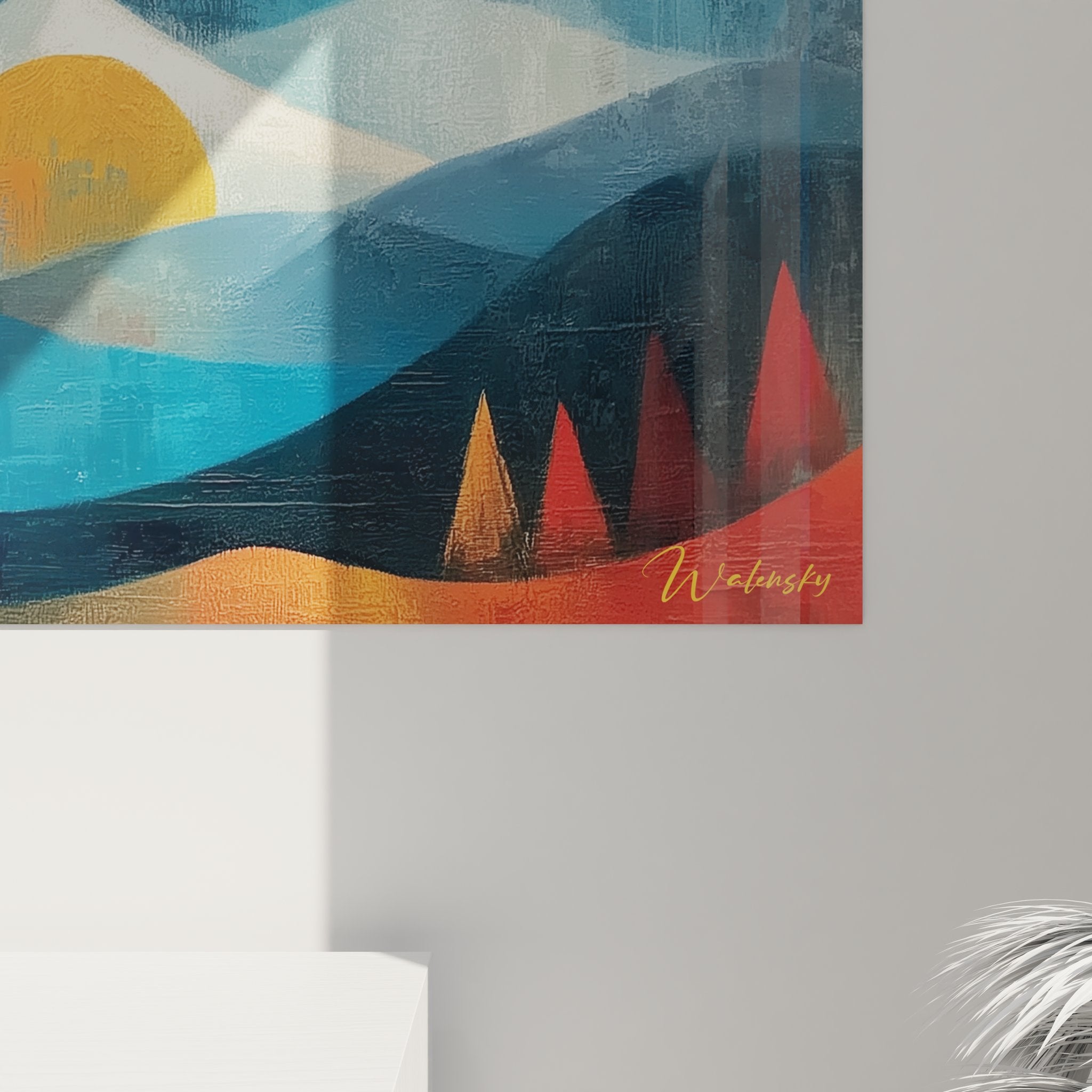 Vue ensemble tableau paysage montagne géométrique avec formes abstraites multicolores