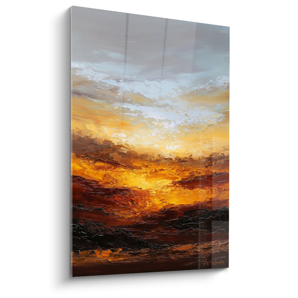 Landschappenschilderij van een berglandschap bij zonsondergang met dramatische oranje en grijze lucht - Aardse Harmonie - Feng Shui Centrum Aarde Editie