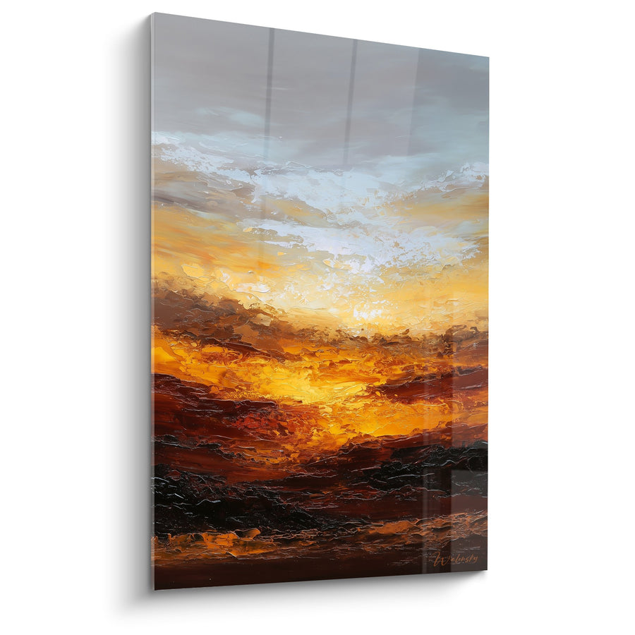 Tableau paysage montagneux au coucher de soleil avec ciel dramatique orange et gris - Harmonie terrestre - Edition Feng shui Centre Terre