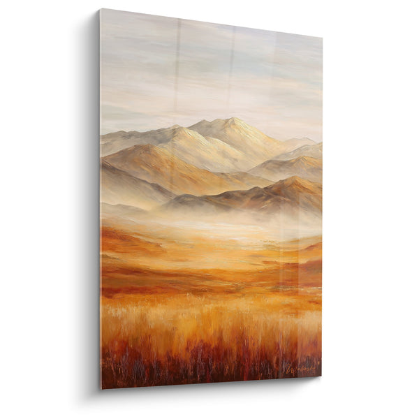Landschappelijk schilderij van een berglandschap in goud- en oranje tinten - Aardse Harmonie - Feng Shui Centrum Aarde Editie