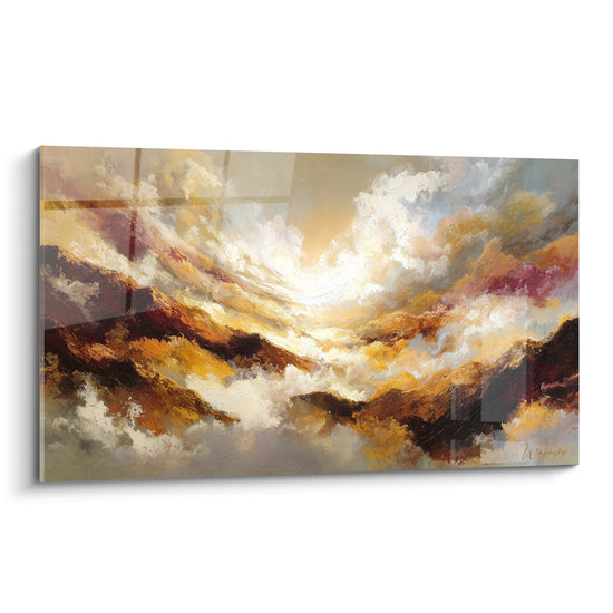 Tableau paysage montagneux aux tons ocre et dorés avec brume lumineuse - Collection Feng shui Nord-Est Terre