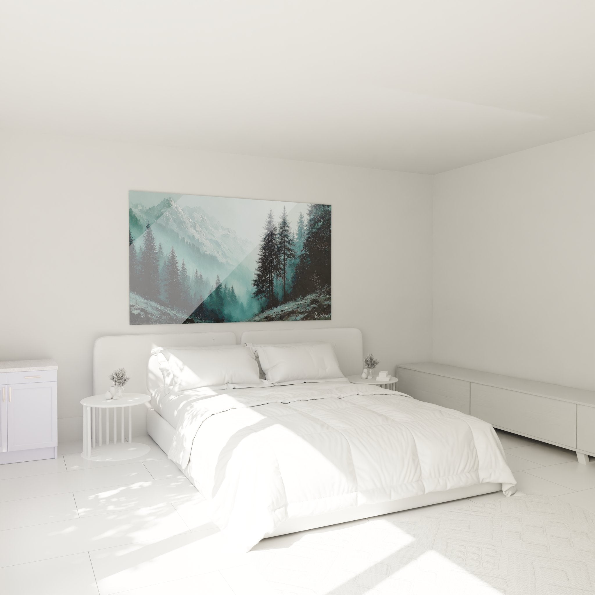Tableau paysage montagneux brumeux dans chambre, décoration murale nature apaisante