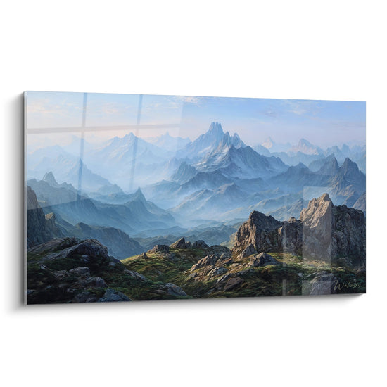 Mountain landscape painting with misty peaks and rocks in the foreground
