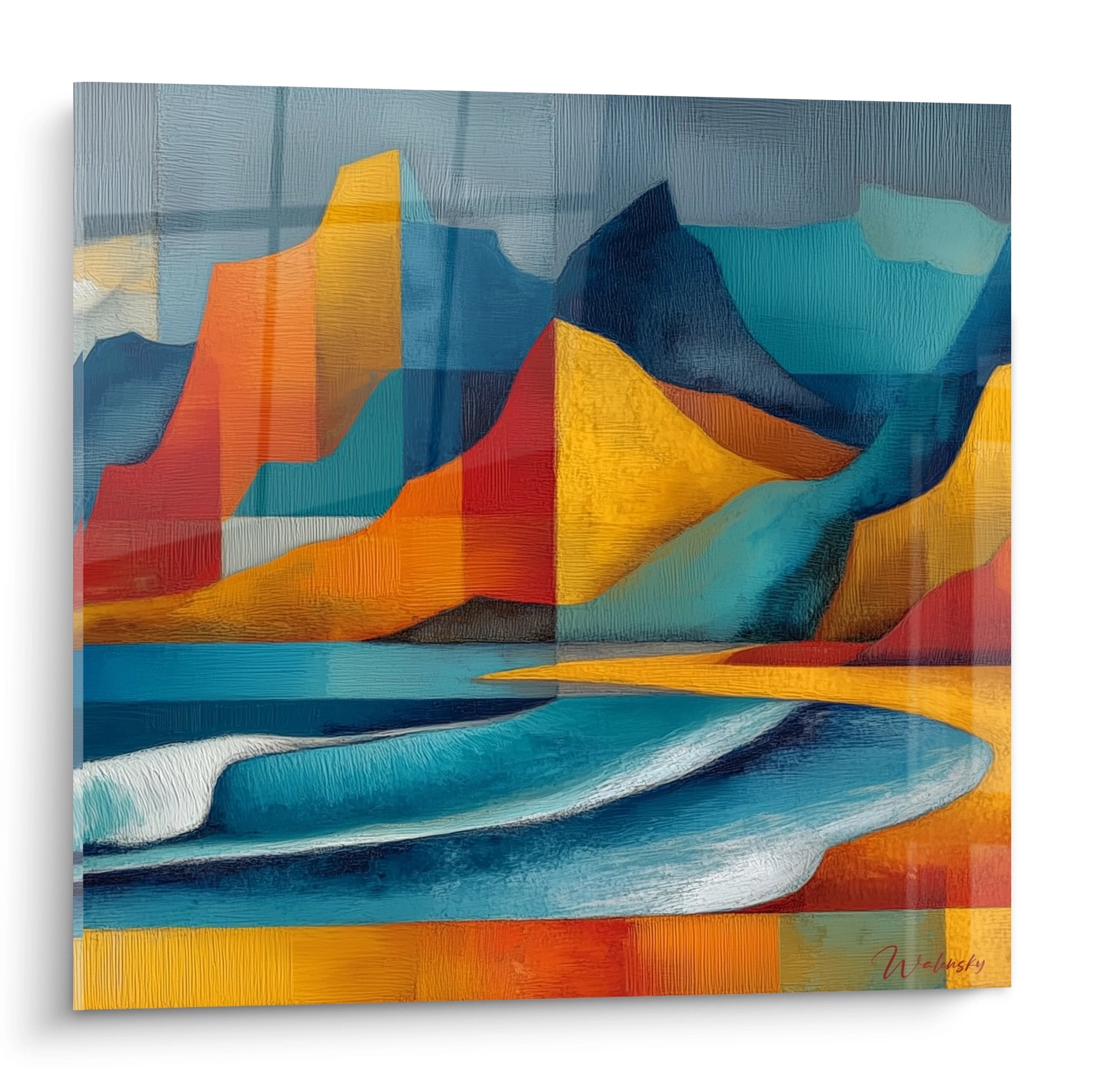 Tableau mural paysage montagneux coloré avec reflets aquatiques, art contemporain iles archipels