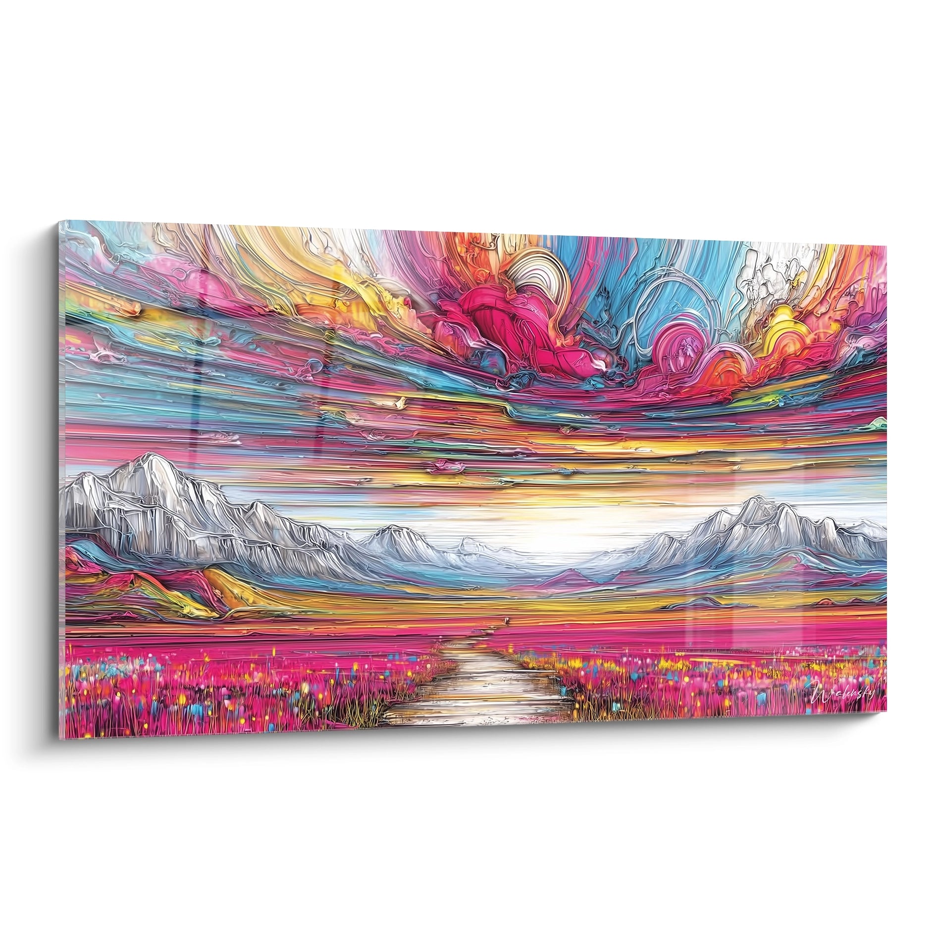 Tableau mural paysage montagneux coloré avec ciel psychédélique multicolore et prairie fleurie