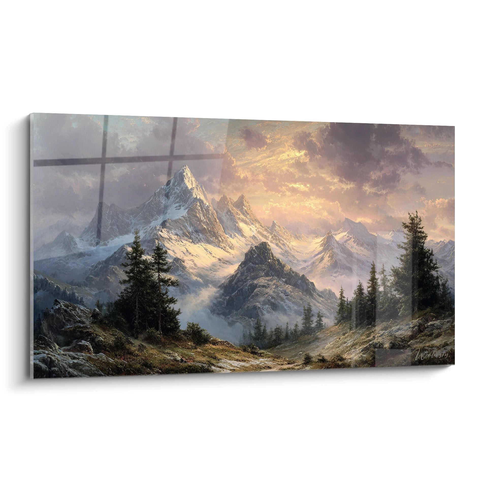 Tableau paysage montagneux avec sommets enneigés et coucher de soleil doré, conifères au premier plan