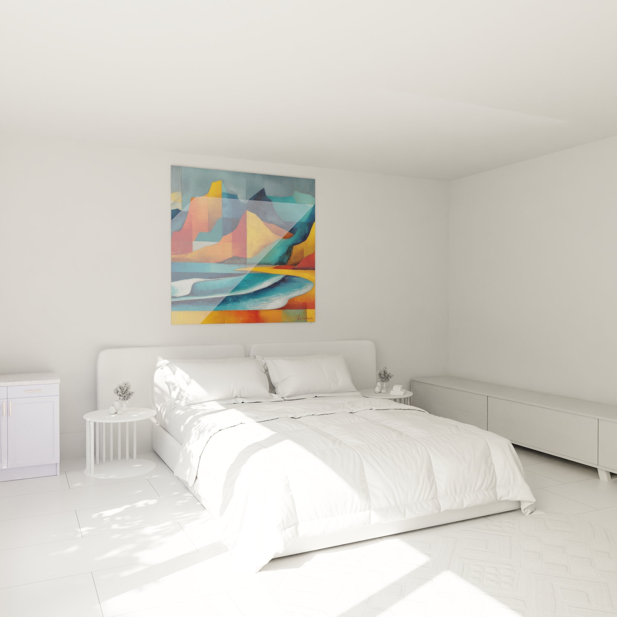 Tableau paysage montagneux en décoration chambre, ambiance colorée inspirée des archipels