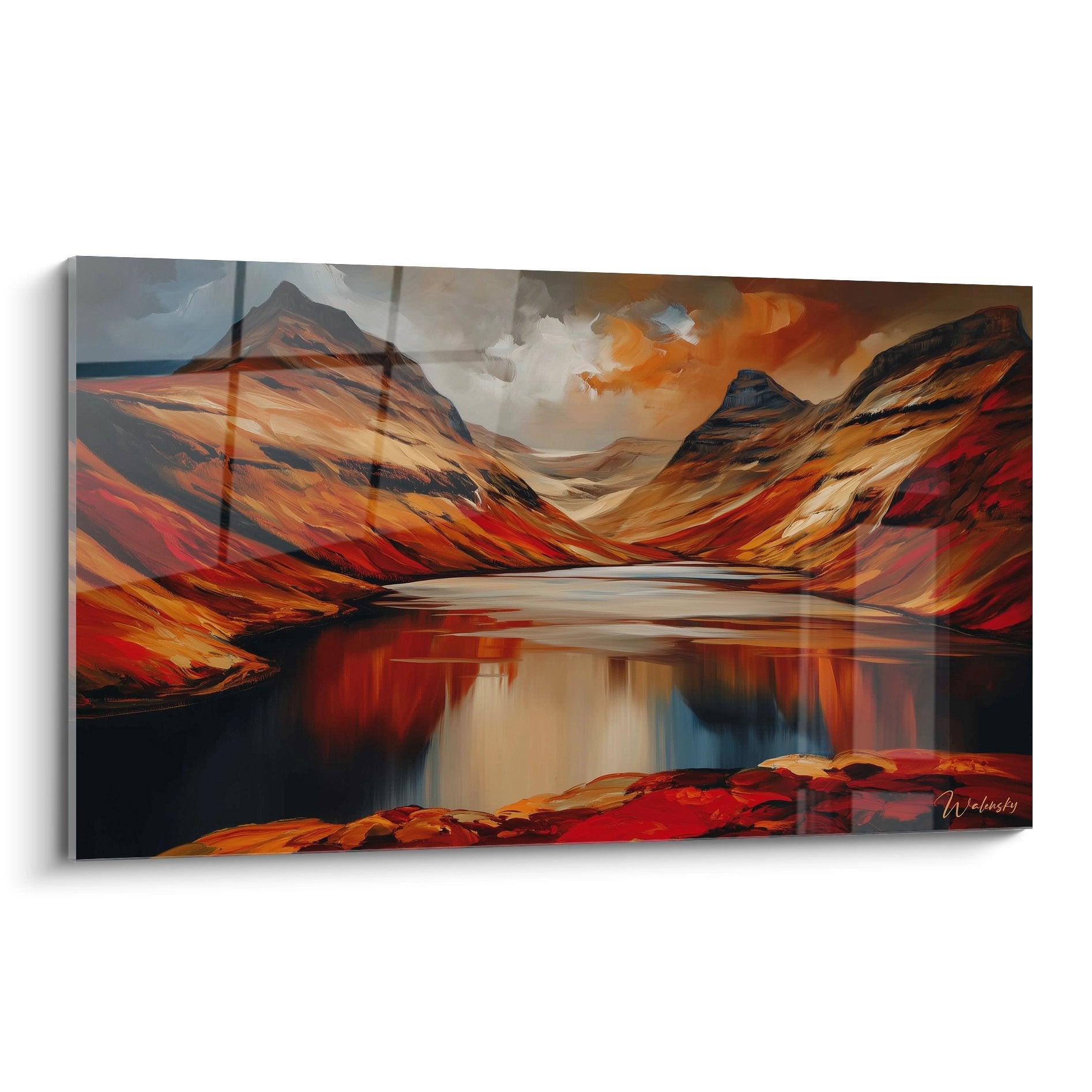 Tableau mural paysage montagneux écossais avec lac et reflets automnaux dorés