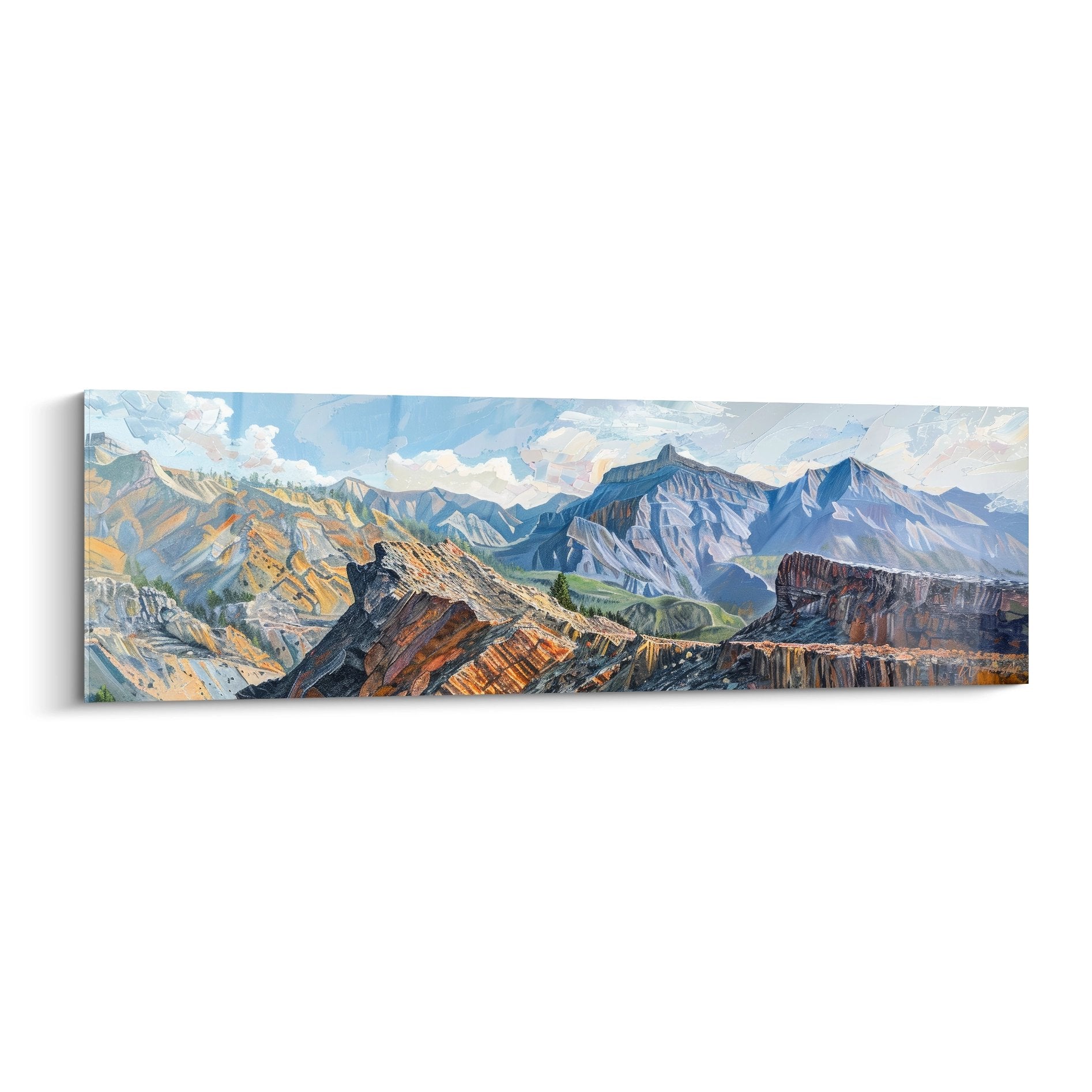Tableau mural paysage montagneux avec formations géologiques colorées et sommets enneigés