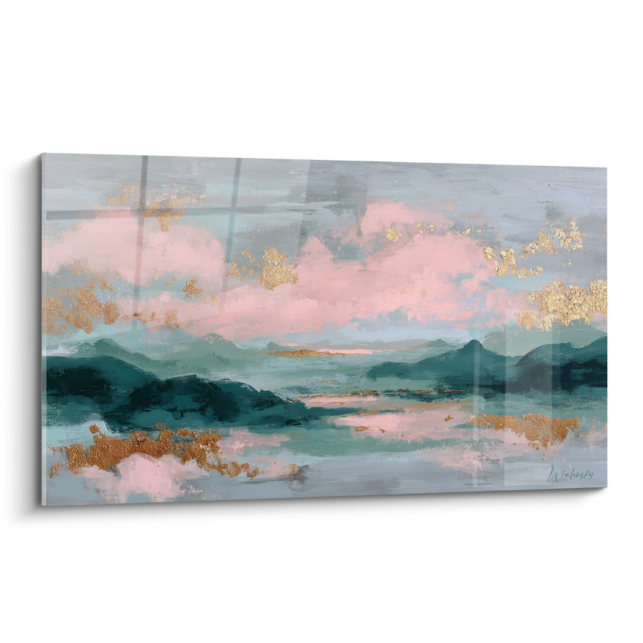 Tableau Paysage Montagneux Rose et Or avec Touches Dorées - Harmonie Céleste - Edition Feng shui Sud-Est Bois