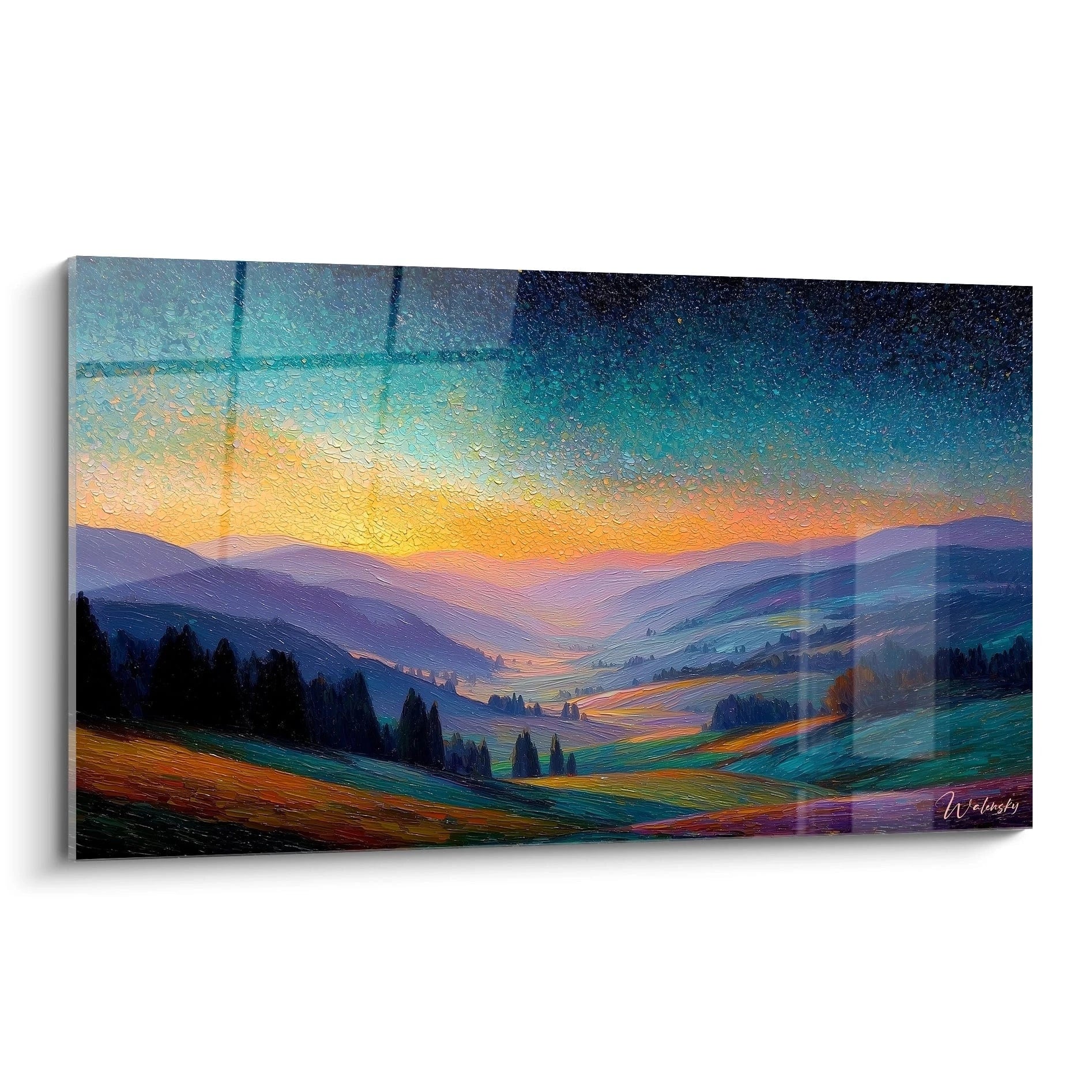 tableau paysage montagneux Walensky grand format toile murale panoramique coucher de soleil et ciel étoilé