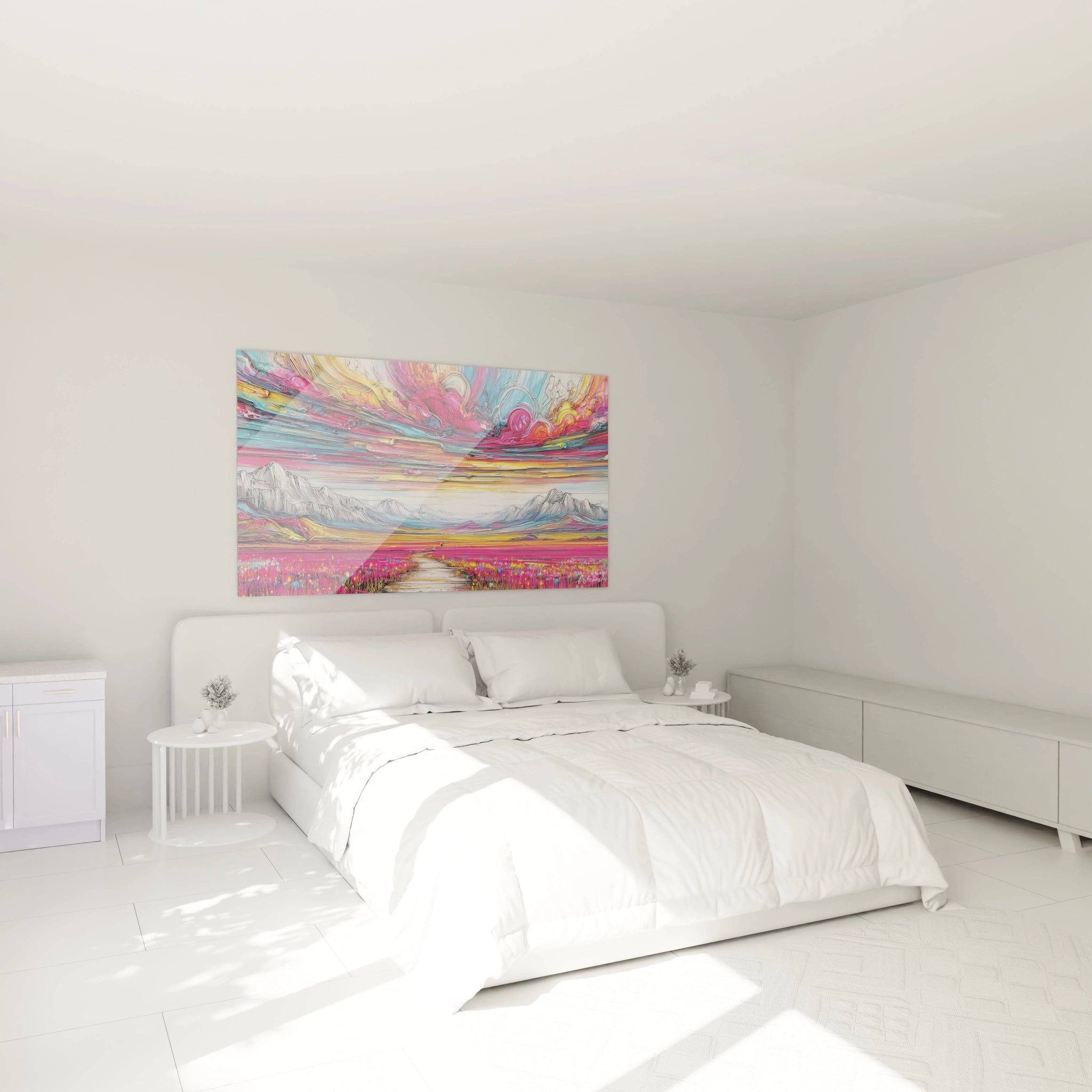 Décoration chambre avec tableau paysage montagneux aux couleurs vives et ciel multicolore
