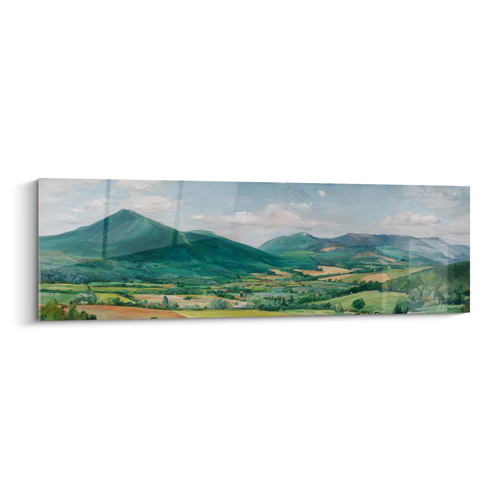 Tableau mural paysage montagneux avec vallée verdoyante et collines boisées style campagne