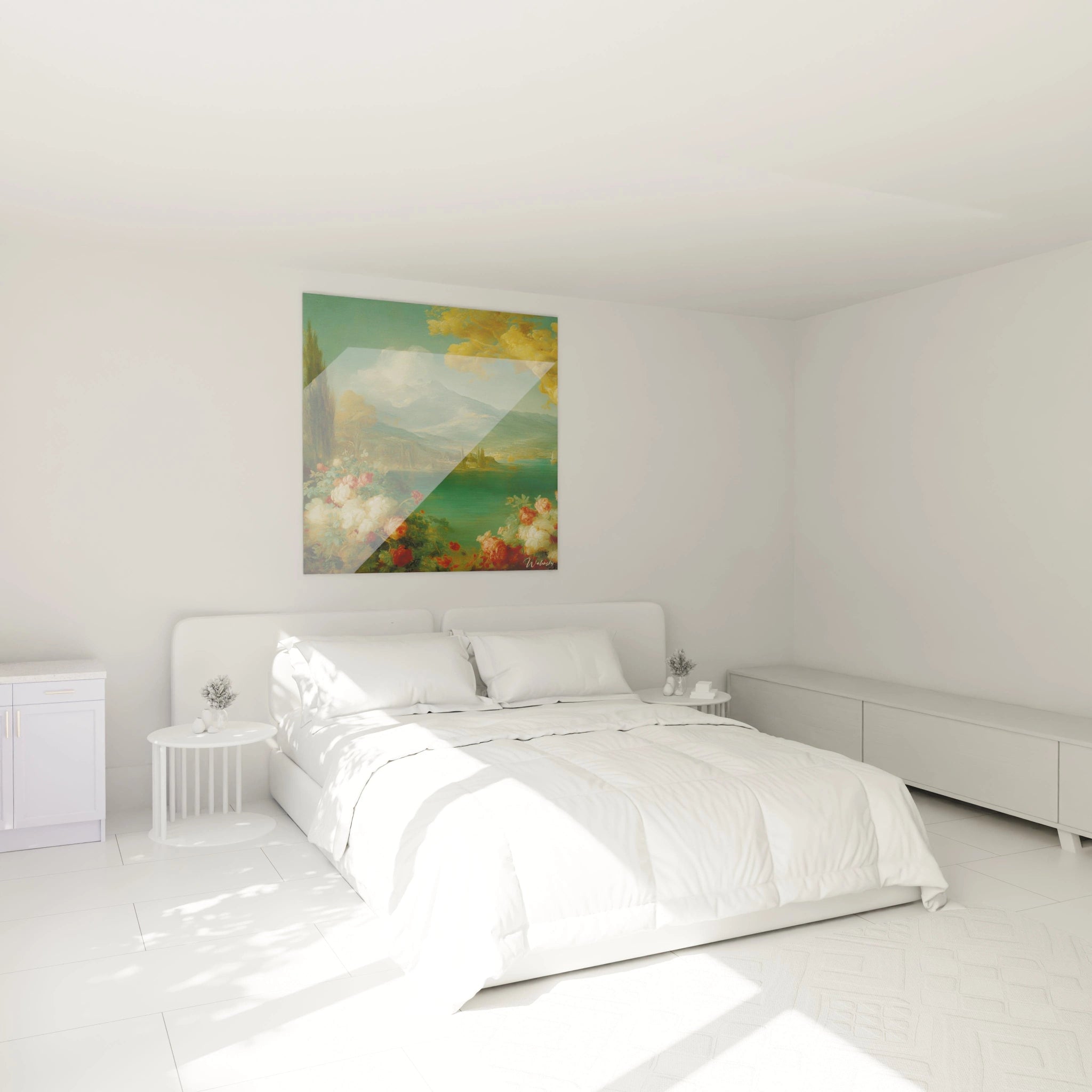 Tableau mural Walensky montrant un tableau paysage Monts Dorés au dessus d un lit dans une chambre blanche minimaliste