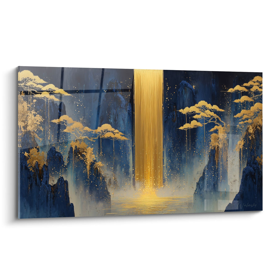 Tableau Paysage Mystique Doré et Bleu avec Cascade Lumineuse - Sérénité Céleste - Edition Feng shui Nord Eau